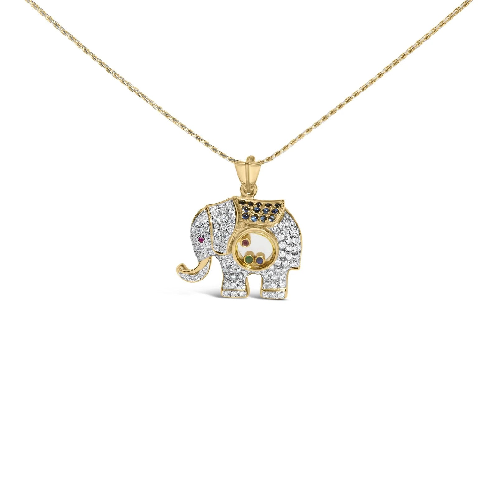 18K Yellow Gold 3/4 Cttw Diamonds Elephant Shaker Pendant Necklace with Emerald, Ruby, and Sapphire (G - H Color, VS2 - SI1 Clarity) - LinkagejewelrydesignLinkagejewelrydesign