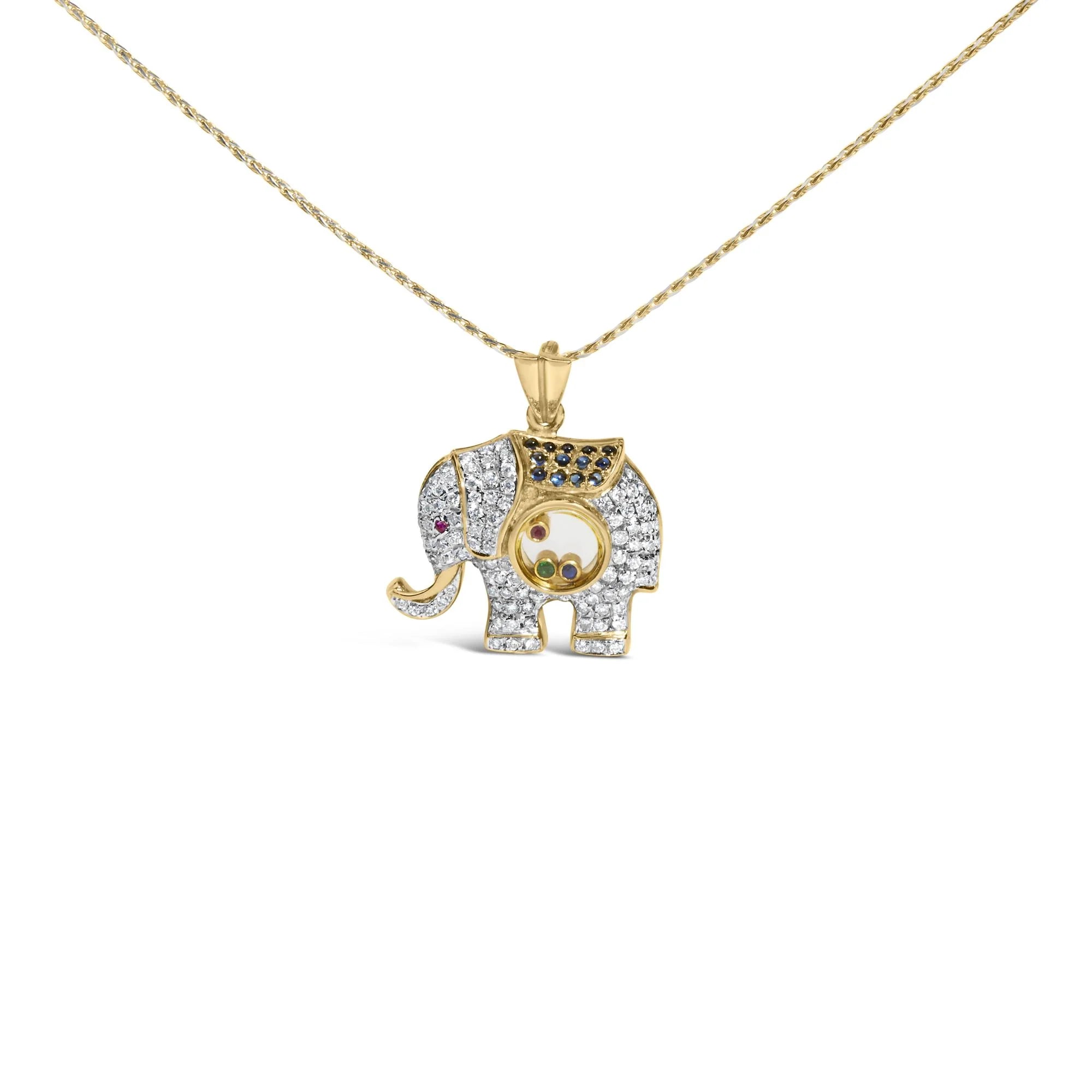 18K Yellow Gold 3/4 Cttw Diamonds Elephant Shaker Pendant Necklace with Emerald, Ruby, and Sapphire (G - H Color, VS2 - SI1 Clarity) - LinkagejewelrydesignLinkagejewelrydesign