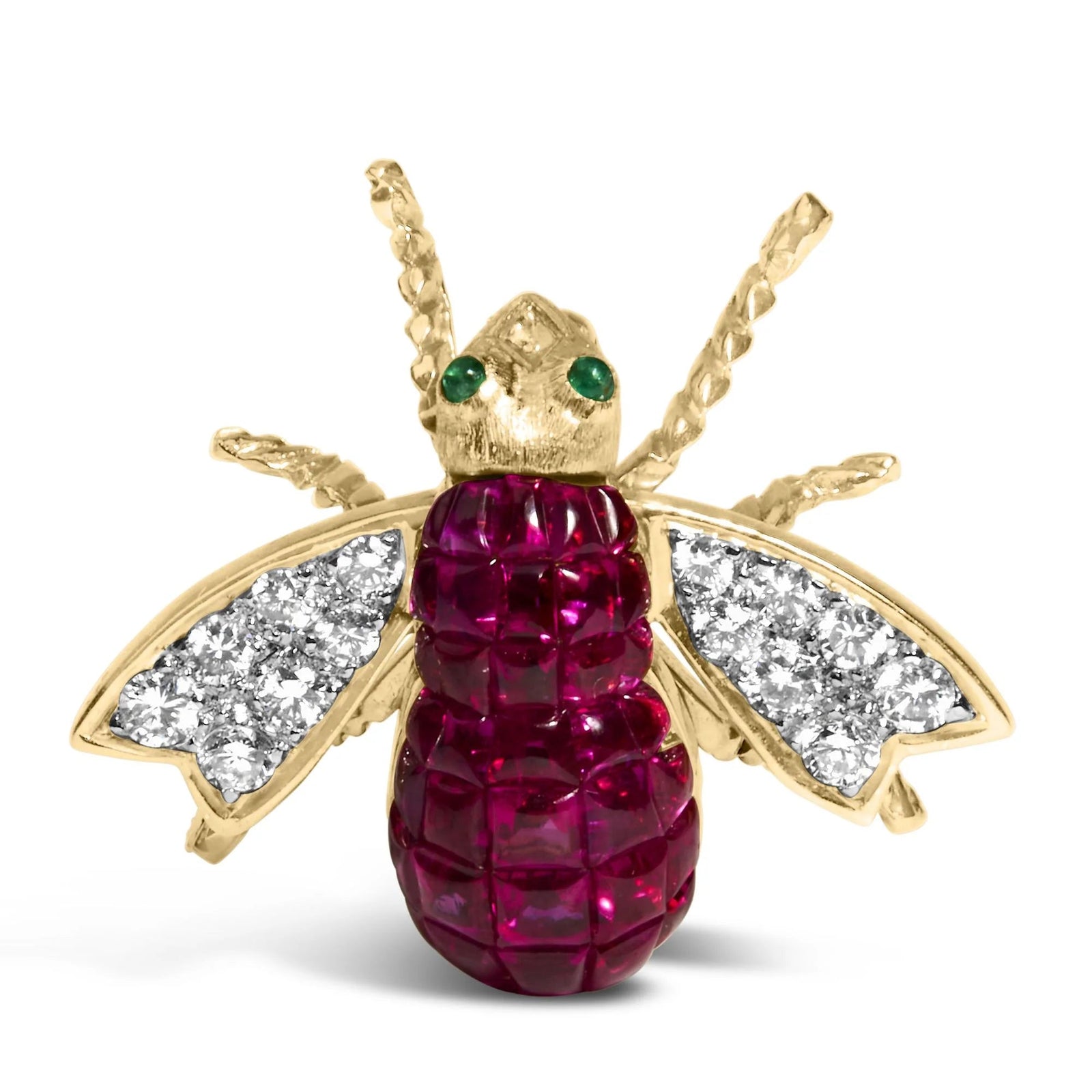 18K Yellow Gold 3/8 Cttw Diamond and 6 3/4 Cttw Red Ruby Bumblebee Brooch Pin (F - G Color, VS2 - SI1 Clarity) - LinkagejewelrydesignLinkagejewelrydesign