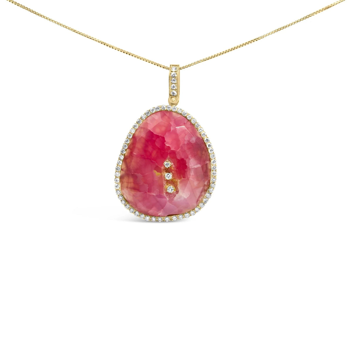 18K Yellow Gold 42.0 Cttw Pink Quartz Crystal Geode and 1.0 Cttw Diamond Halo 18" Pendant Necklace (F - G Color, VS1 - VS2 Clarity) - LinkagejewelrydesignLinkagejewelrydesign