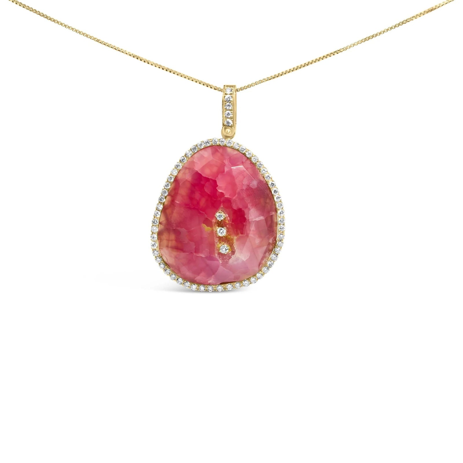 18K Yellow Gold 42.0 Cttw Pink Quartz Crystal Geode and 1.0 Cttw Diamond Halo 18" Pendant Necklace (F - G Color, VS1 - VS2 Clarity) - LinkagejewelrydesignLinkagejewelrydesign