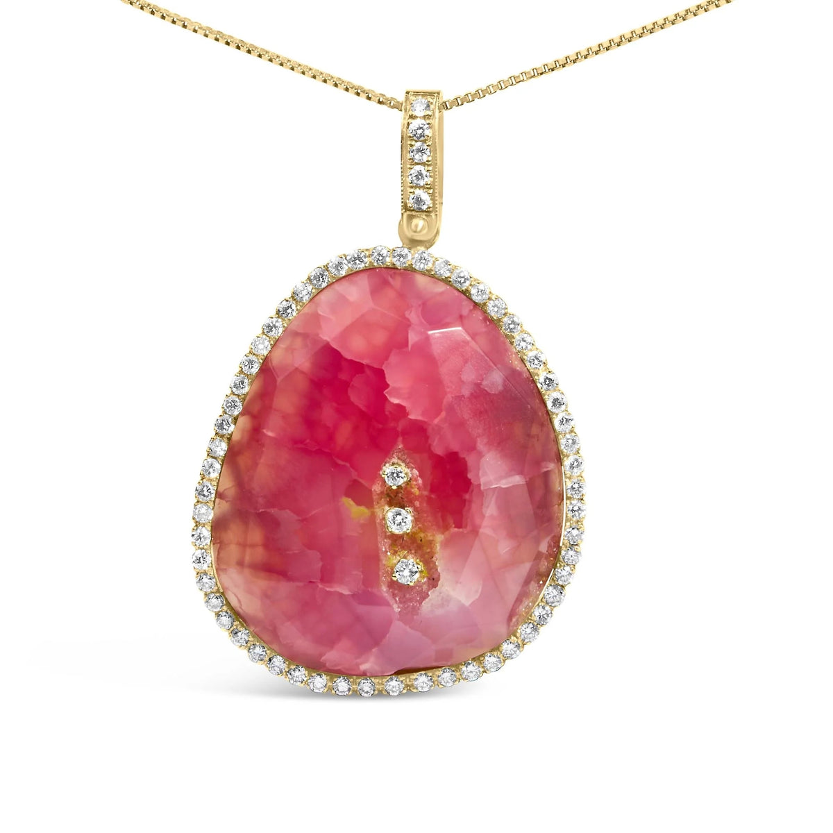 18K Yellow Gold 42.0 Cttw Pink Quartz Crystal Geode and 1.0 Cttw Diamond Halo 18" Pendant Necklace (F - G Color, VS1 - VS2 Clarity) - LinkagejewelrydesignLinkagejewelrydesign