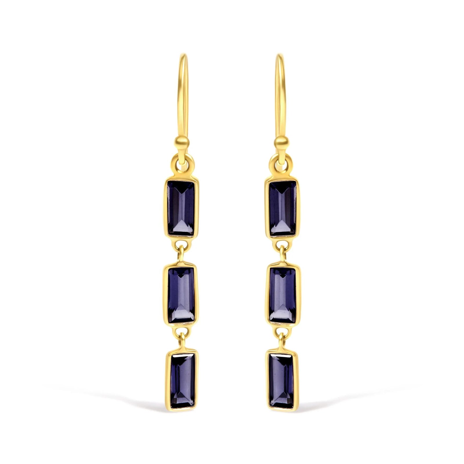 18K Yellow Gold 8x3 MM Bezel Set Purple Baguette Iolite Stiletto 1 1/2 Inch" Dangle Earrings - LinkagejewelrydesignLinkagejewelrydesign