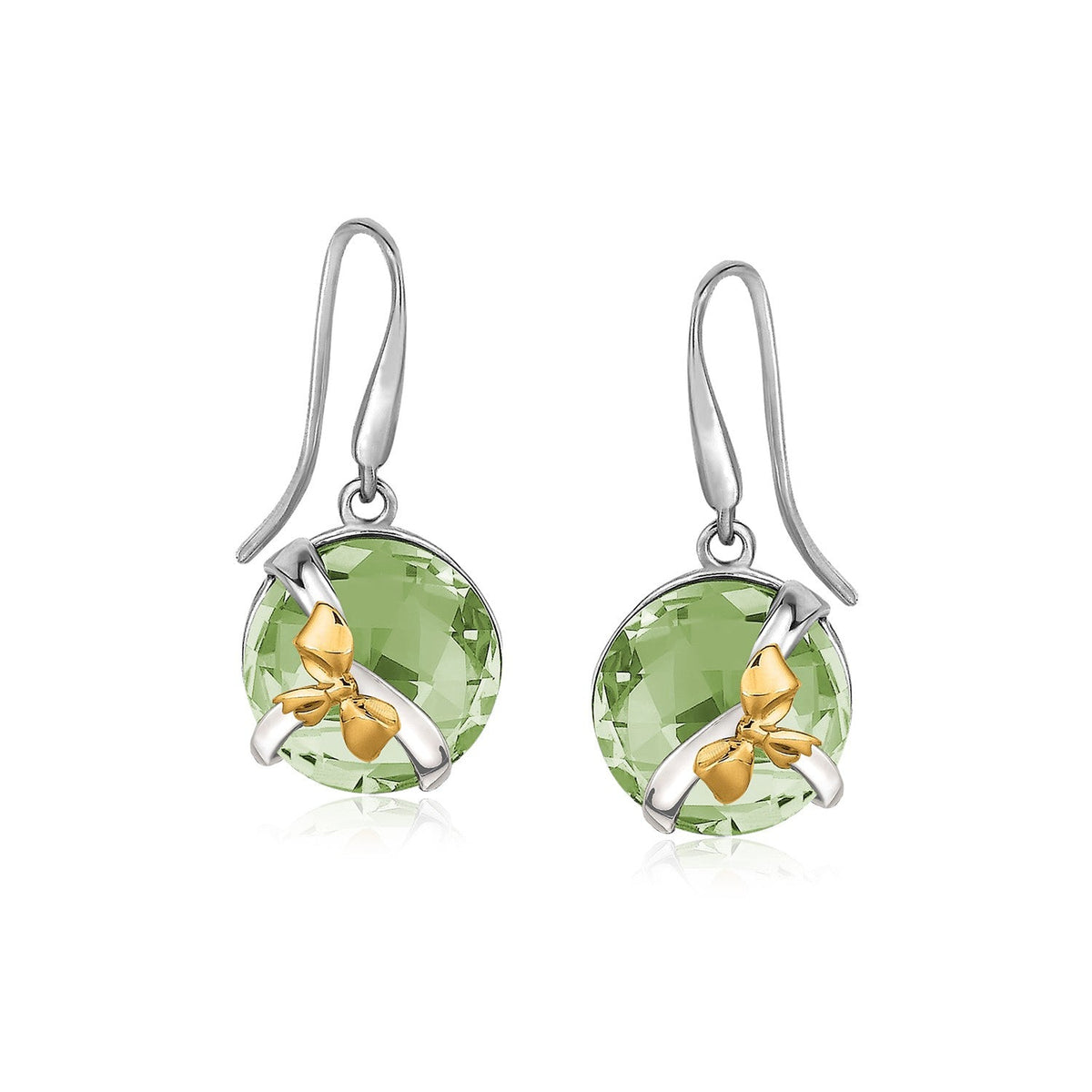 18K Yellow Gold and Sterling Silve Earrings with Bow and Round Green Amethysts - LinkagejewelrydesignLinkagejewelrydesign