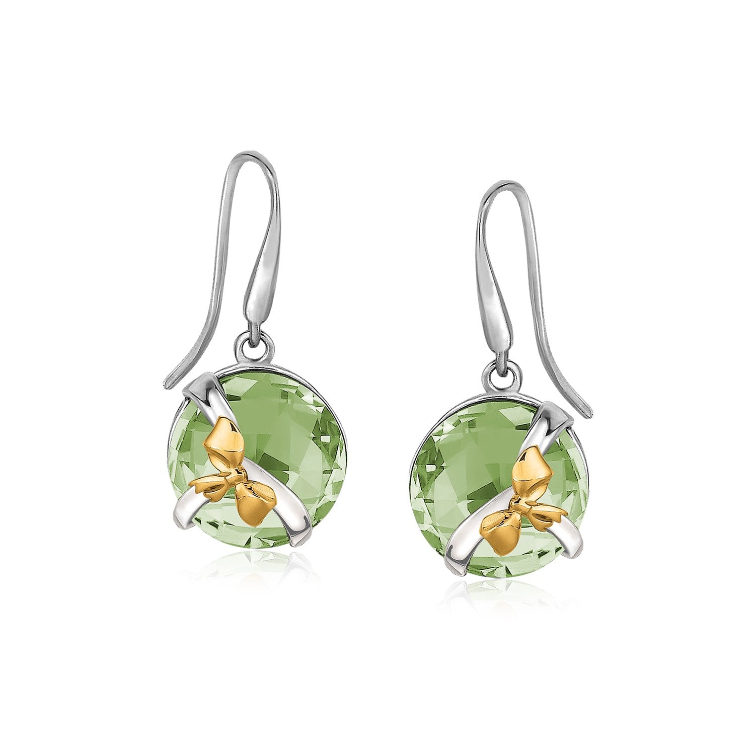 18K Yellow Gold and Sterling Silve Earrings with Bow and Round Green Amethysts - LinkagejewelrydesignLinkagejewelrydesign