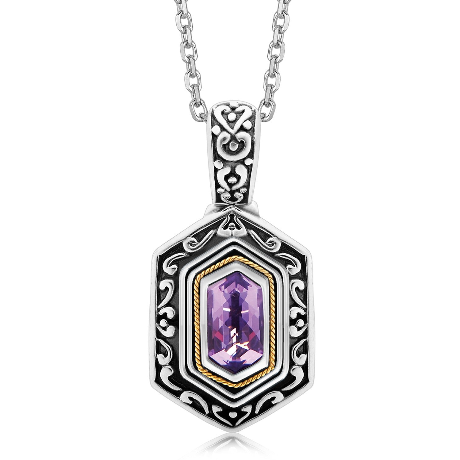 18K Yellow Gold and Sterling Silver Antique Inspired Hexagon Amethyst Pendant - LinkagejewelrydesignLinkagejewelrydesign
