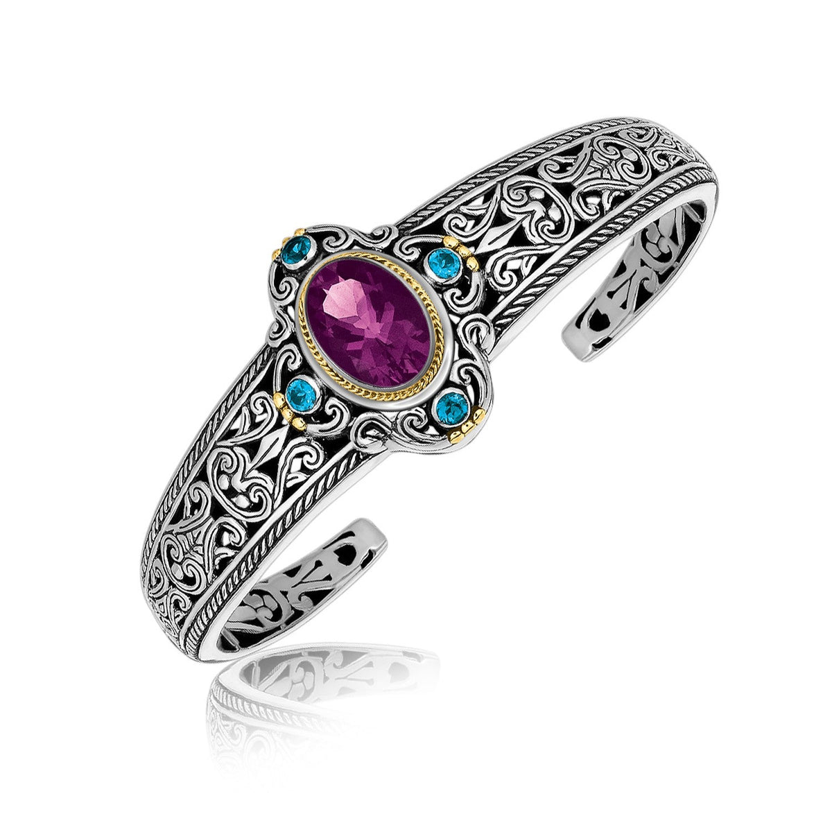 18K Yellow Gold and Sterling Silver Bangle with Amethyst and Blue Topaz Stations - LinkagejewelrydesignLinkagejewelrydesign