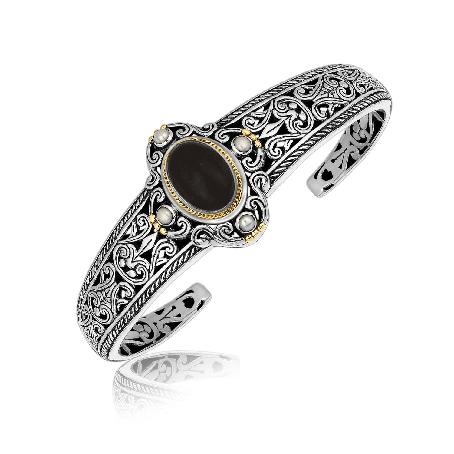 18K Yellow Gold and Sterling Silver Bangle with an Oval Black Onyx and Pearls - LinkagejewelrydesignLinkagejewelrydesign