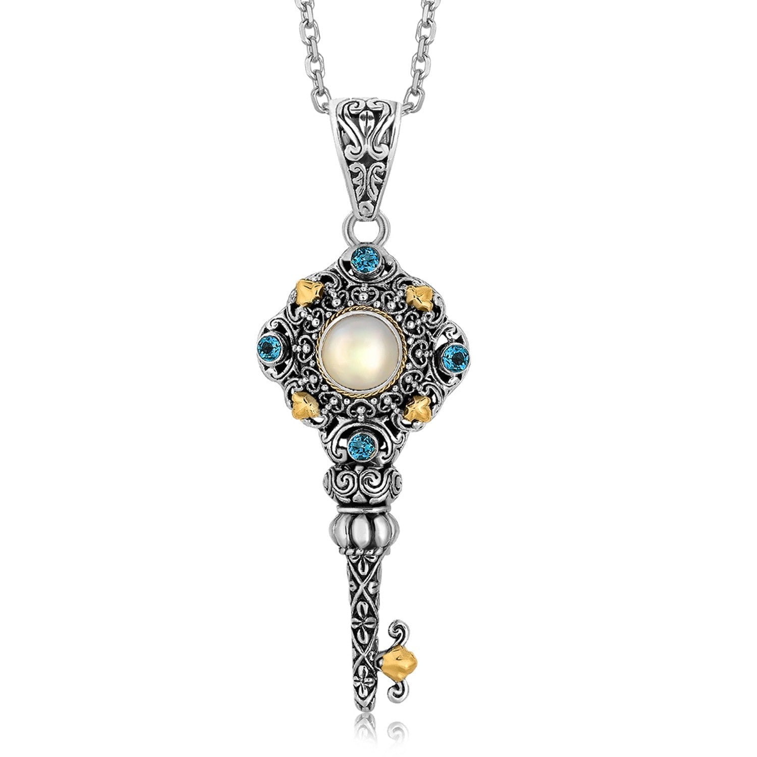 18K Yellow Gold and Sterling Silver Blue Topaz and Pearl Key Style Pendant - LinkagejewelrydesignLinkagejewelrydesign