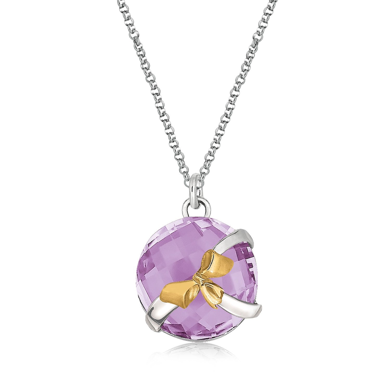 18K Yellow Gold and Sterling Silver Bow Design Round Pink Amethyst Pendant - LinkagejewelrydesignLinkagejewelrydesign