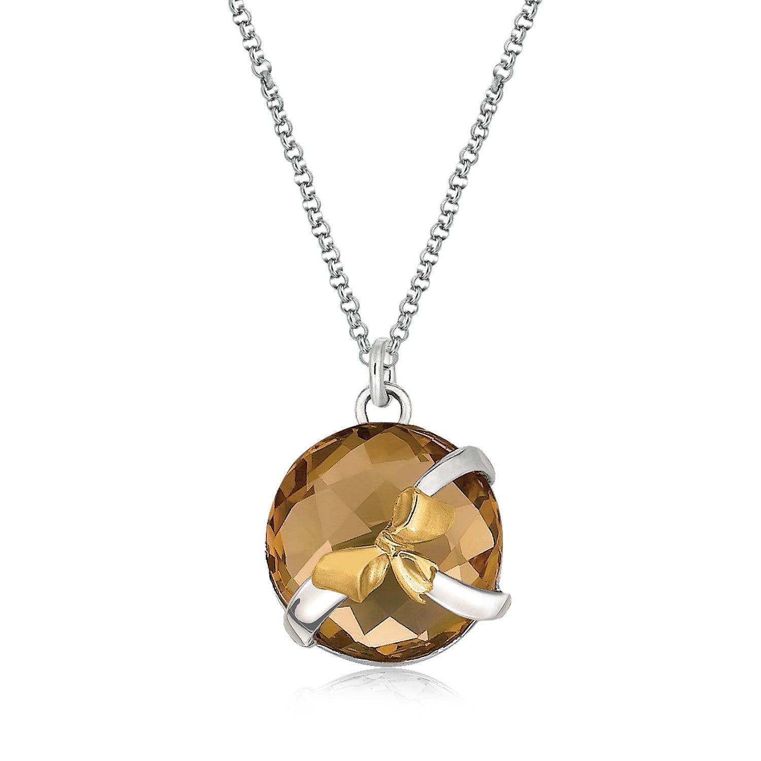 18K Yellow Gold and Sterling Silver Bow Design Round Whiskey Quartz Pendant - LinkagejewelrydesignLinkagejewelrydesign