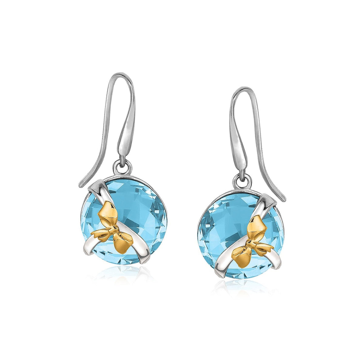 18K Yellow Gold and Sterling Silver Bow Motif Round Blue Topaz Drop Earrings - LinkagejewelrydesignLinkagejewelrydesign