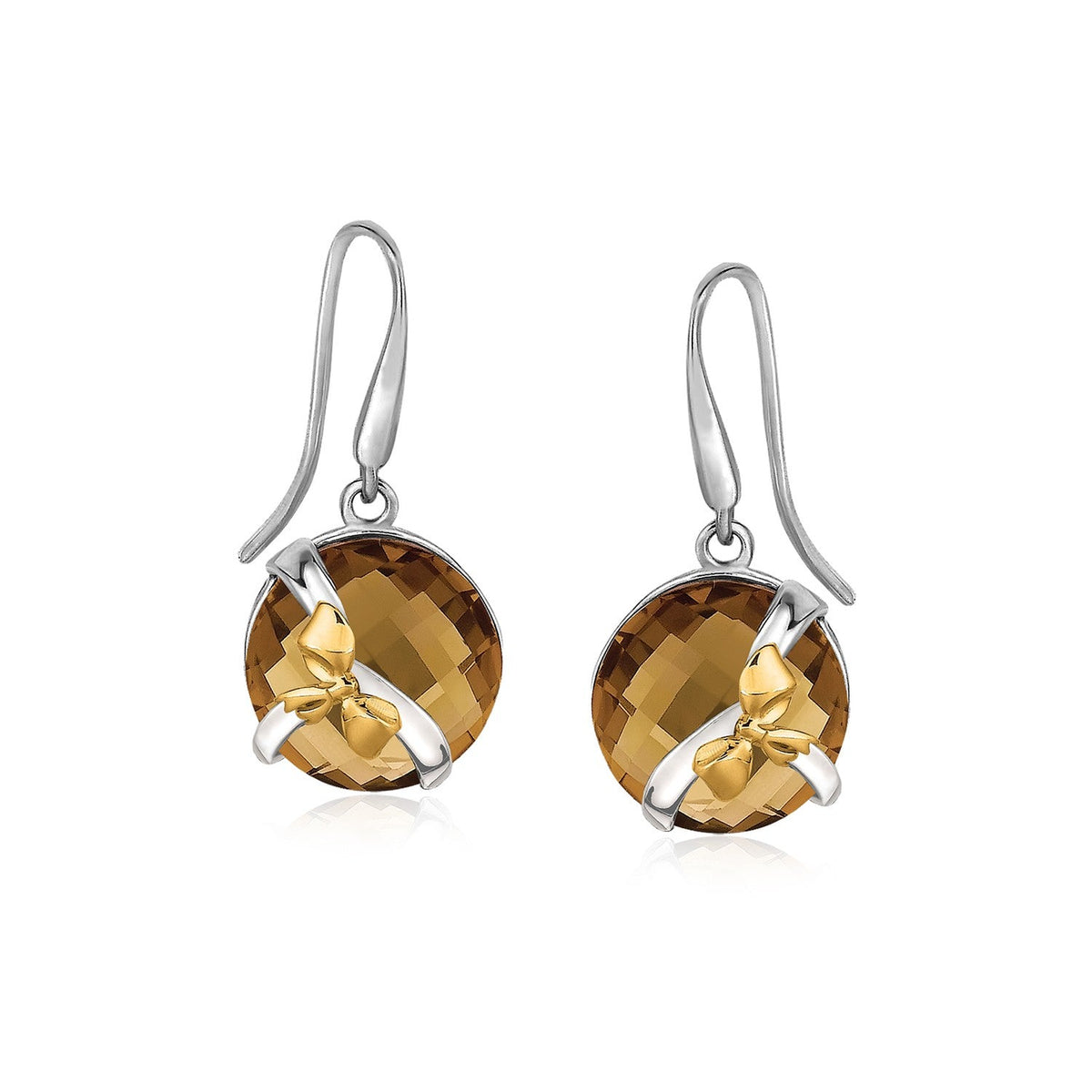 18K Yellow Gold and Sterling Silver Bow Motif Round Whiskey Quartz Drop Earrings - LinkagejewelrydesignLinkagejewelrydesign