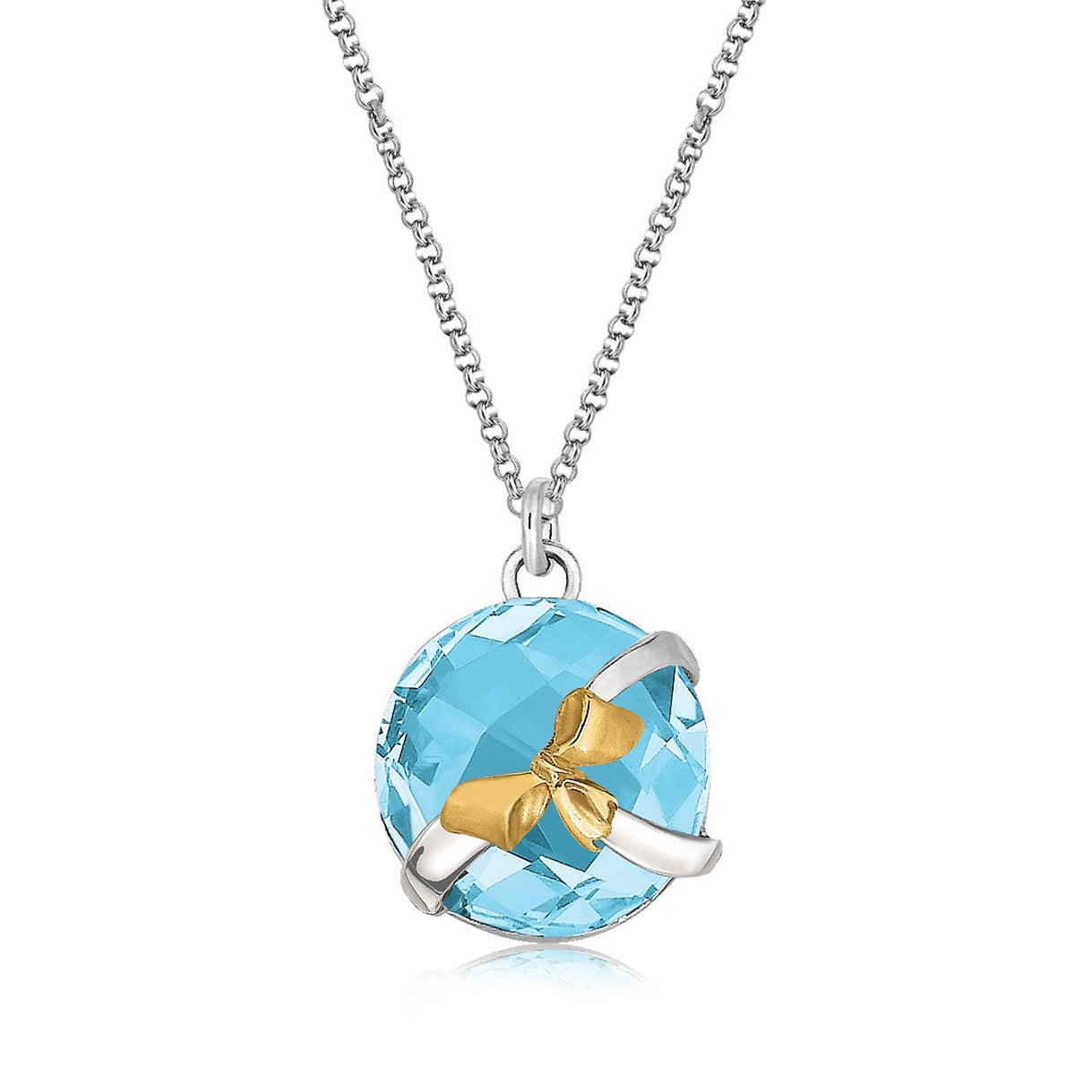 18K Yellow Gold and Sterling Silver Bow Style Round Blue Topaz Pendant - LinkagejewelrydesignLinkagejewelrydesign