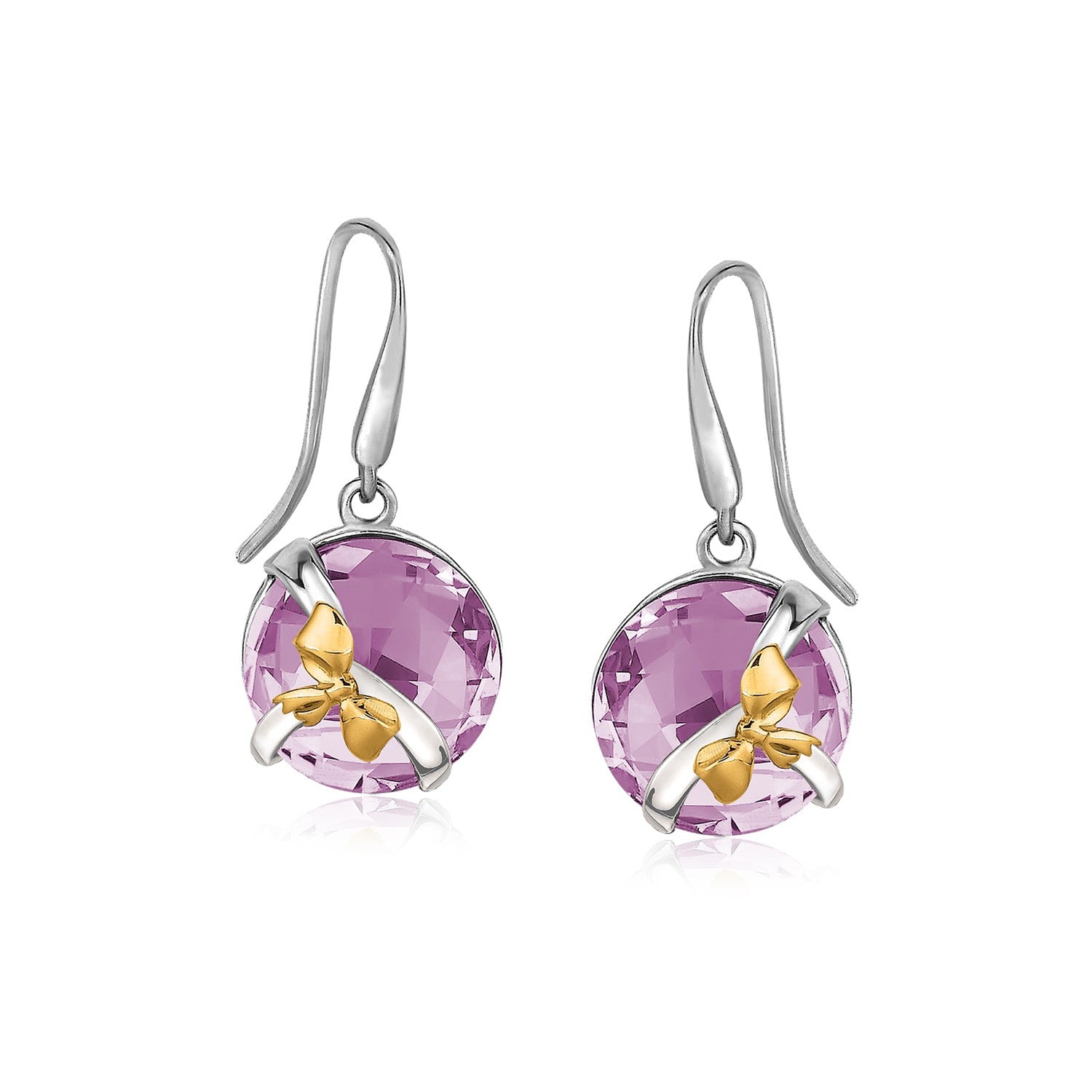 18K Yellow Gold and Sterling Silver Bow Style Round Pink Amethyst Drop Earrings - LinkagejewelrydesignLinkagejewelrydesign
