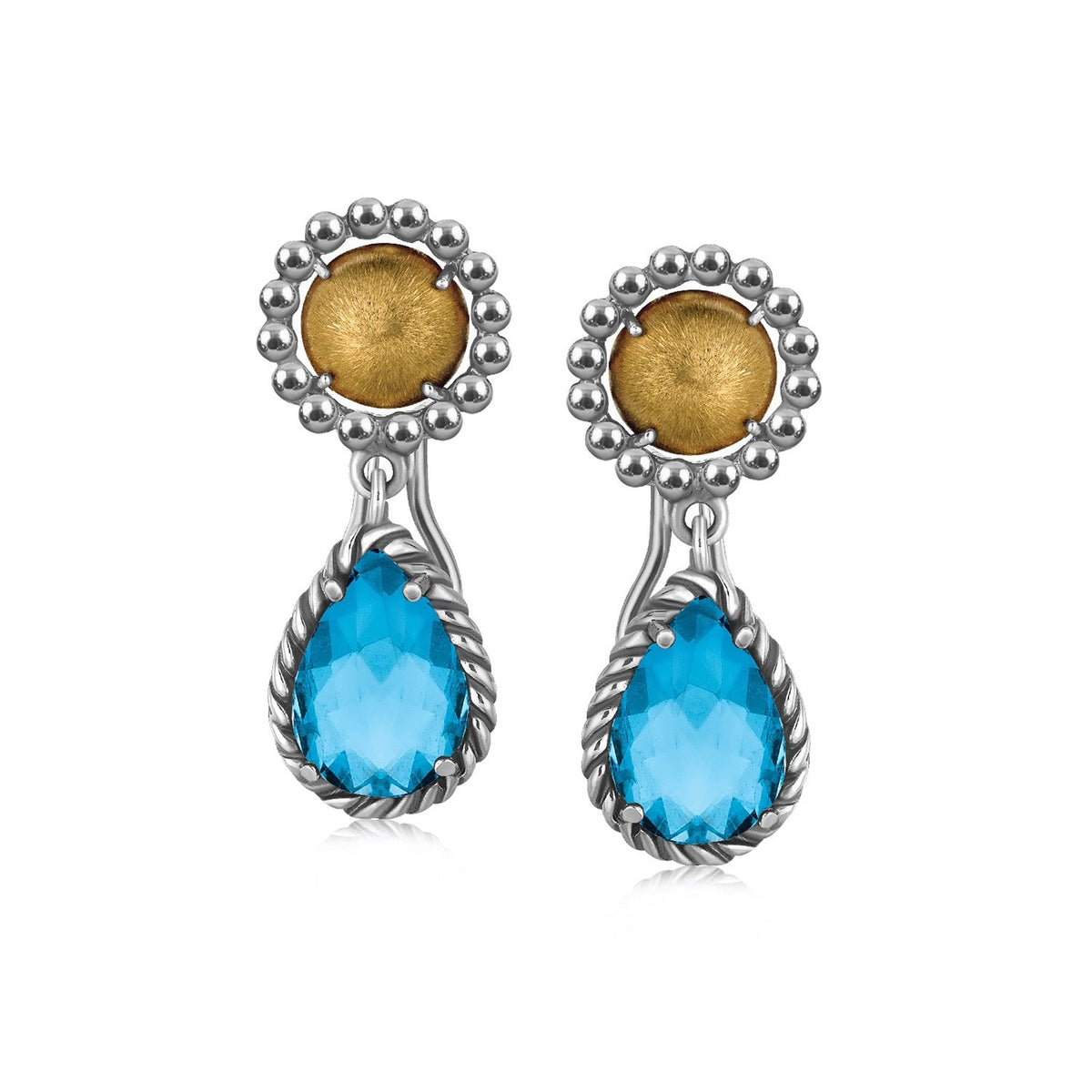 18K Yellow Gold and Sterling Silver Earrings with Blue Topaz Drop Accents - LinkagejewelrydesignLinkagejewelrydesign