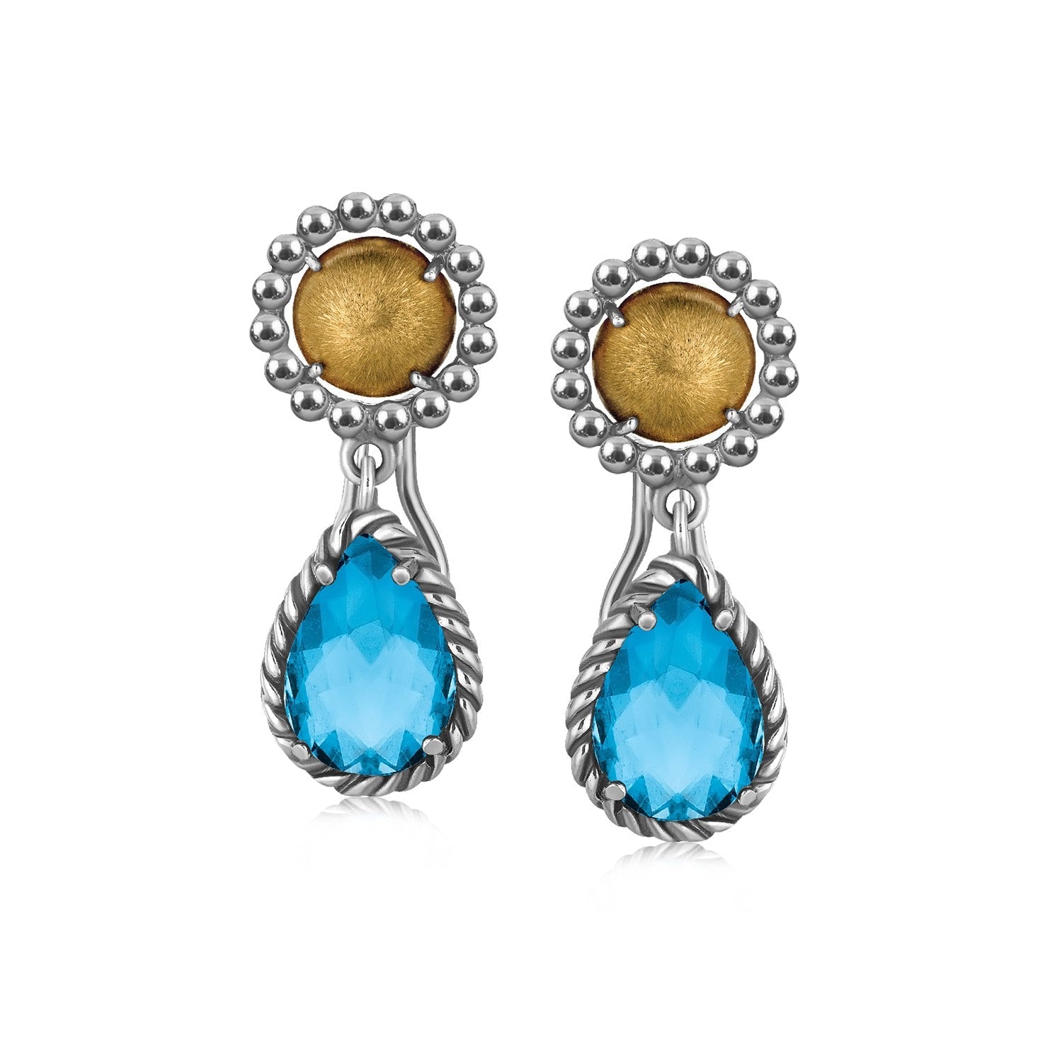 18K Yellow Gold and Sterling Silver Earrings with Blue Topaz Drop Accents - LinkagejewelrydesignLinkagejewelrydesign