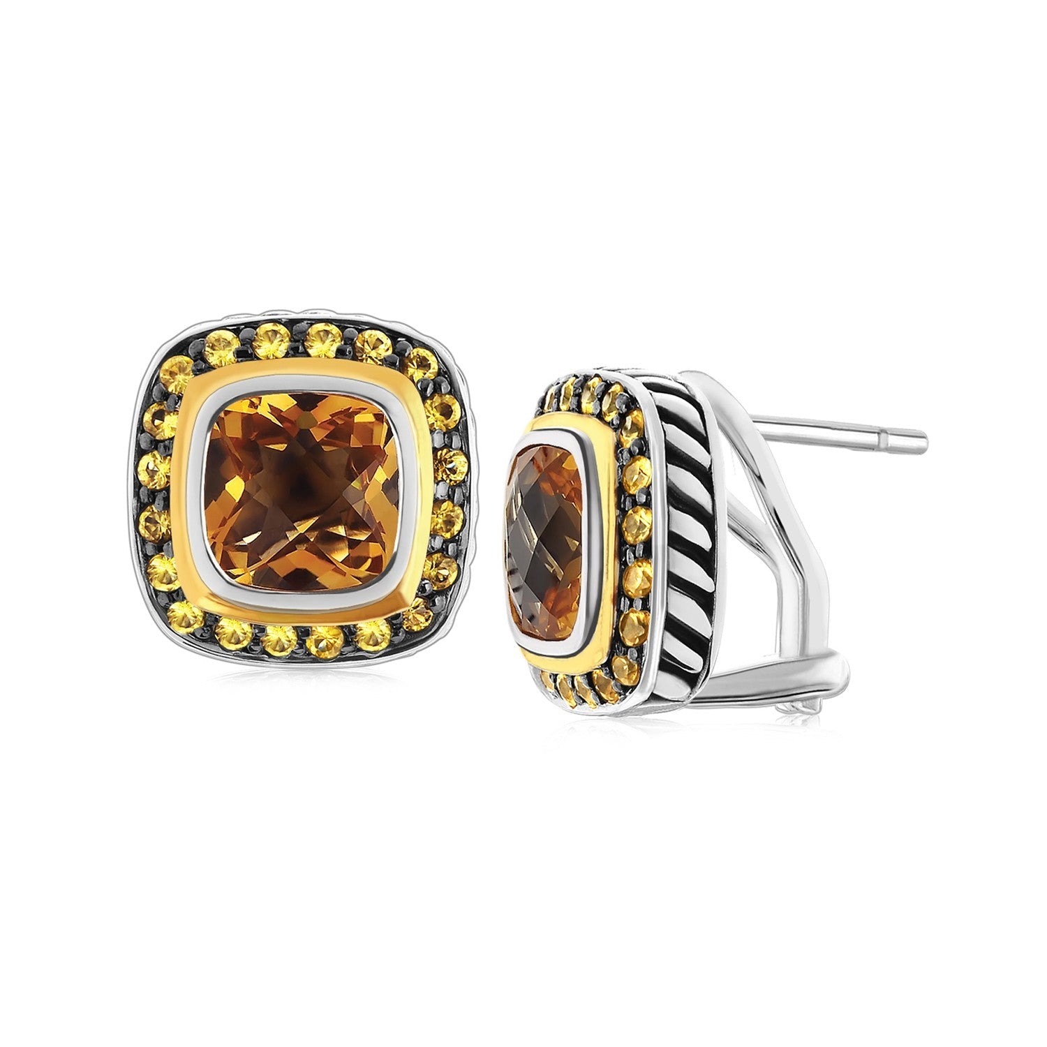 18K Yellow Gold and Sterling Silver Earrings with Citrine and Pave Set Sapphires - LinkagejewelrydesignLinkagejewelrydesign