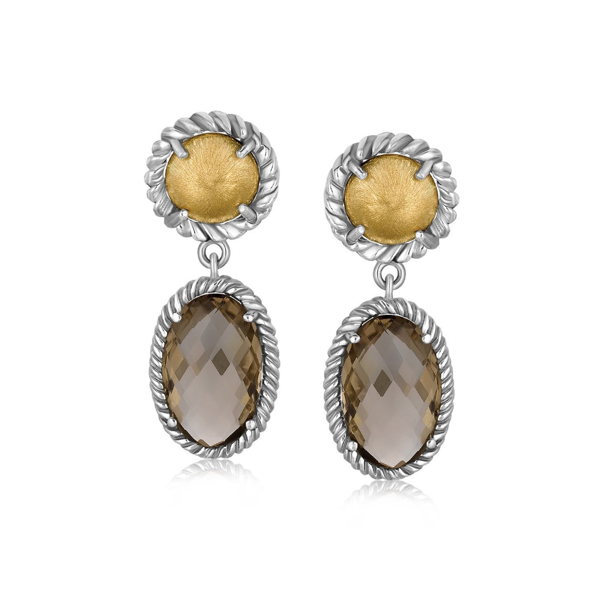 18K Yellow Gold and Sterling Silver Earrings with Round Motifs and Smokey Quartz - LinkagejewelrydesignLinkagejewelrydesign
