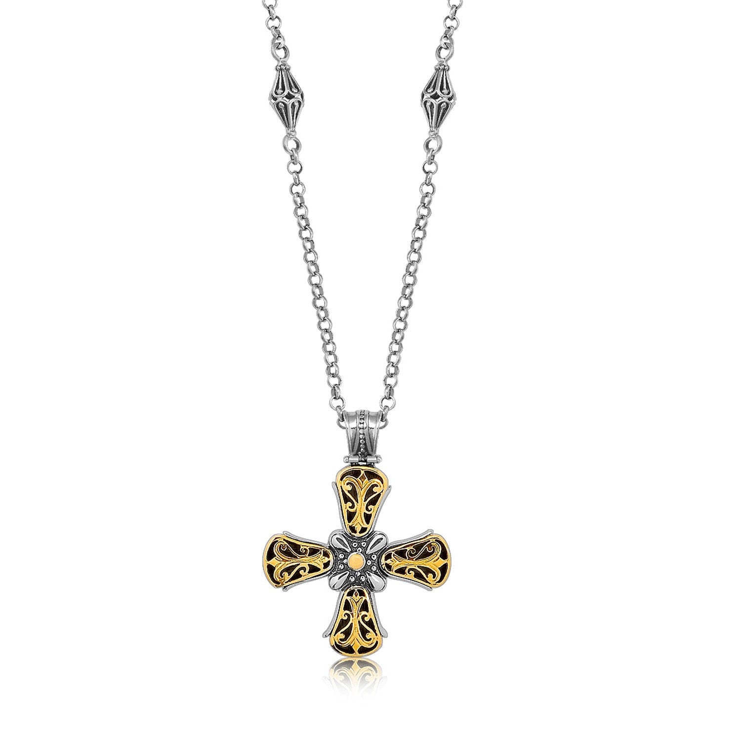 18K Yellow Gold and Sterling Silver Fancy Antique Style Cross Pendant - LinkagejewelrydesignLinkagejewelrydesign