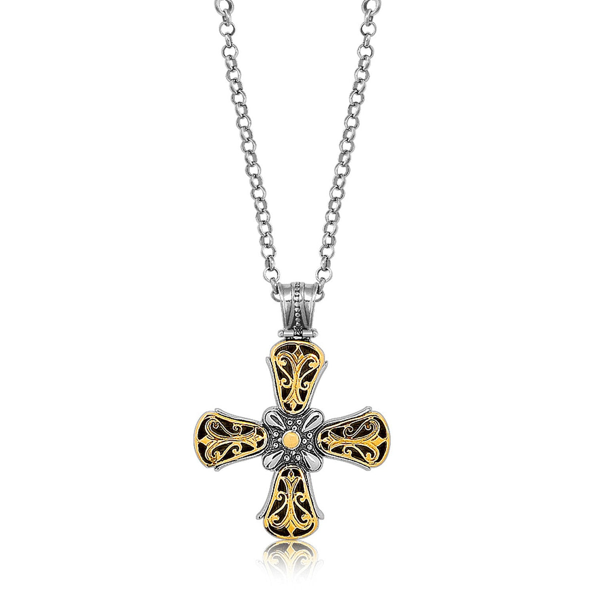 18K Yellow Gold and Sterling Silver Fancy Antique Style Cross Pendant - LinkagejewelrydesignLinkagejewelrydesign