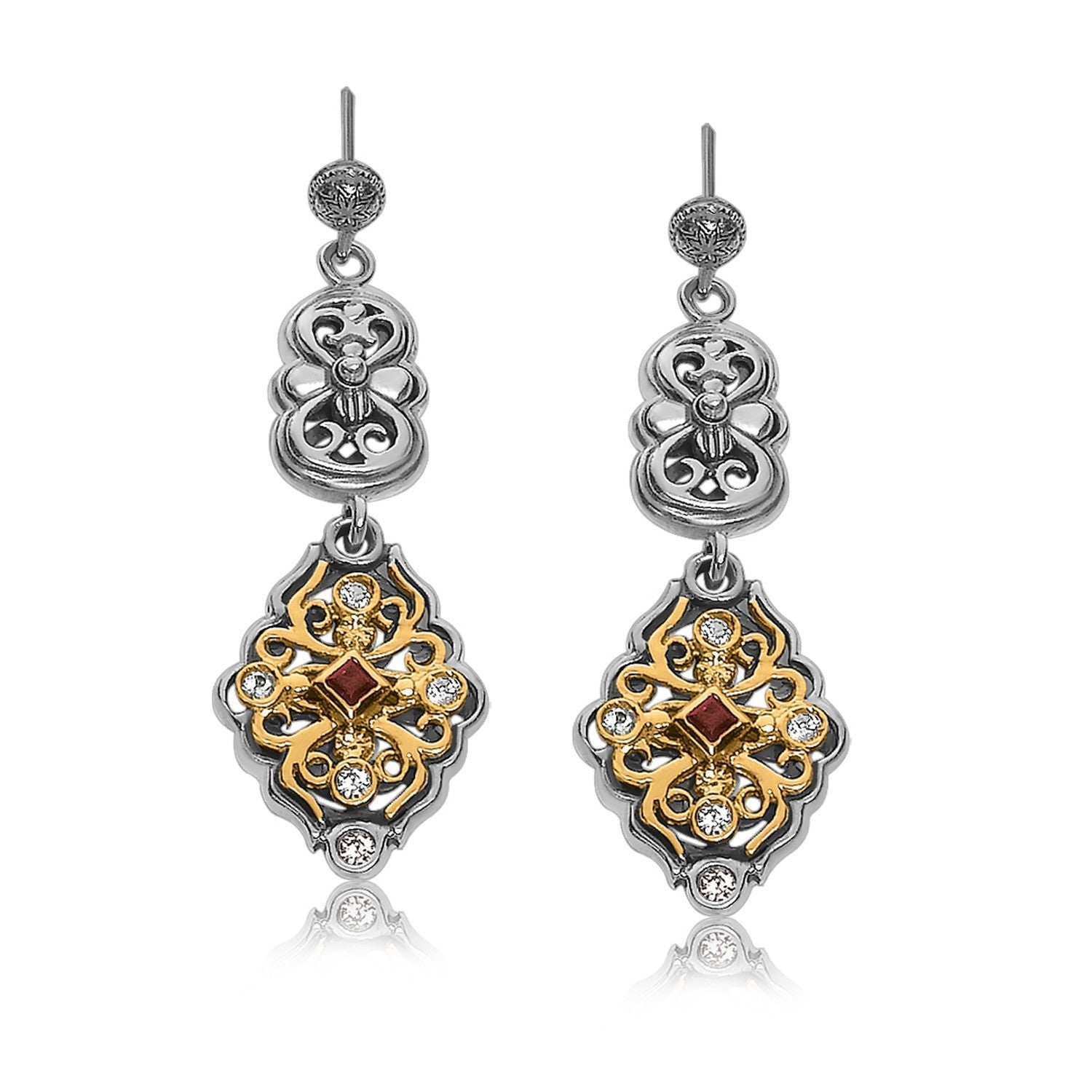 18K Yellow Gold and Sterling Silver Filigree Style Open Oval Dangling Earrings - LinkagejewelrydesignLinkagejewelrydesign