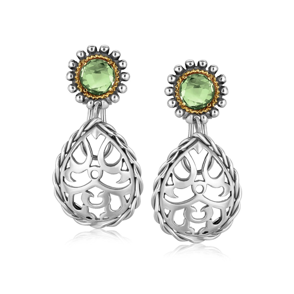 18K Yellow Gold and Sterling Silver Green Amethyst Embellished Drop Earrings - LinkagejewelrydesignLinkagejewelrydesign