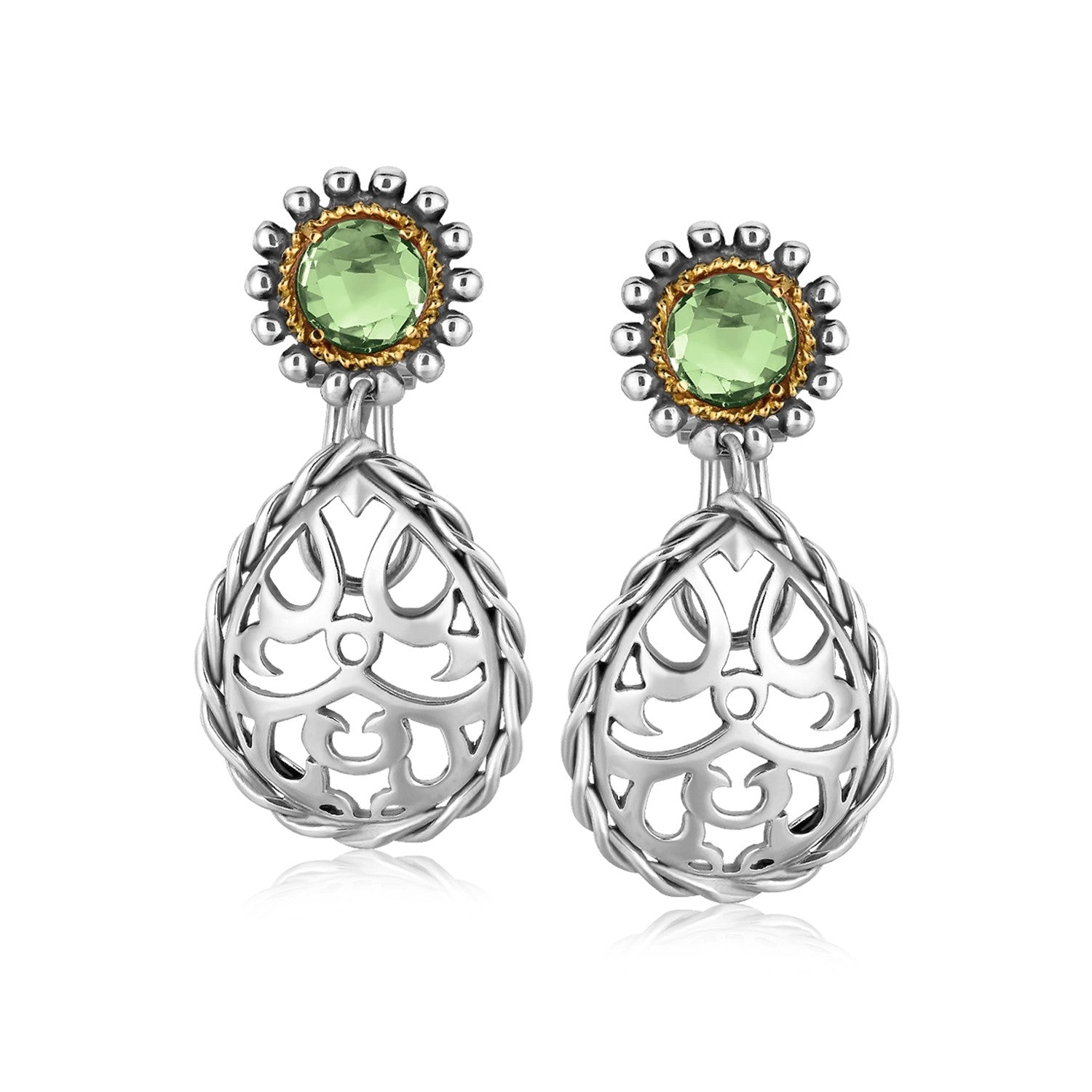 18K Yellow Gold and Sterling Silver Green Amethyst Embellished Drop Earrings - LinkagejewelrydesignLinkagejewelrydesign