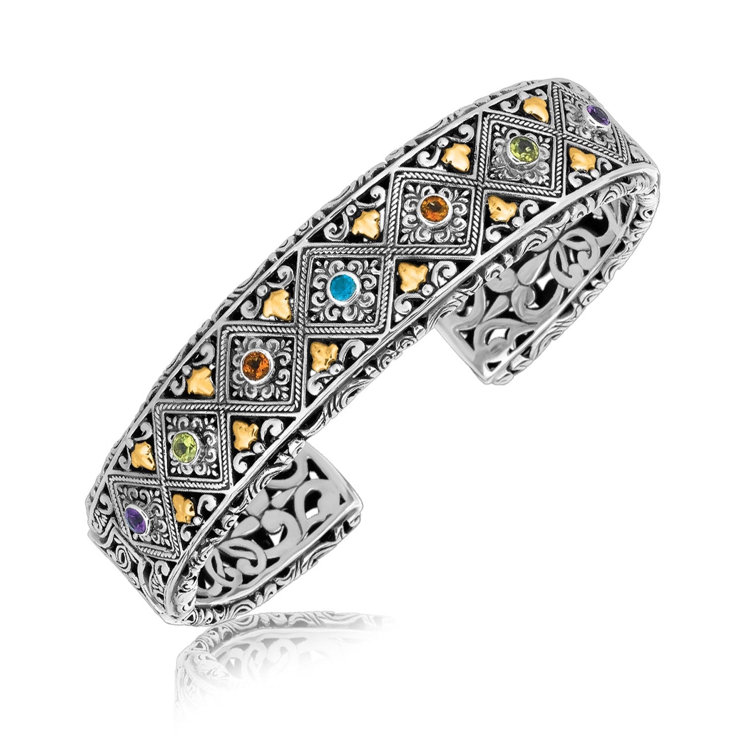 18K Yellow Gold and Sterling Silver Open Cuff with Diamond Patterns and Multi Stone Embellishments - LinkagejewelrydesignLinkagejewelrydesign