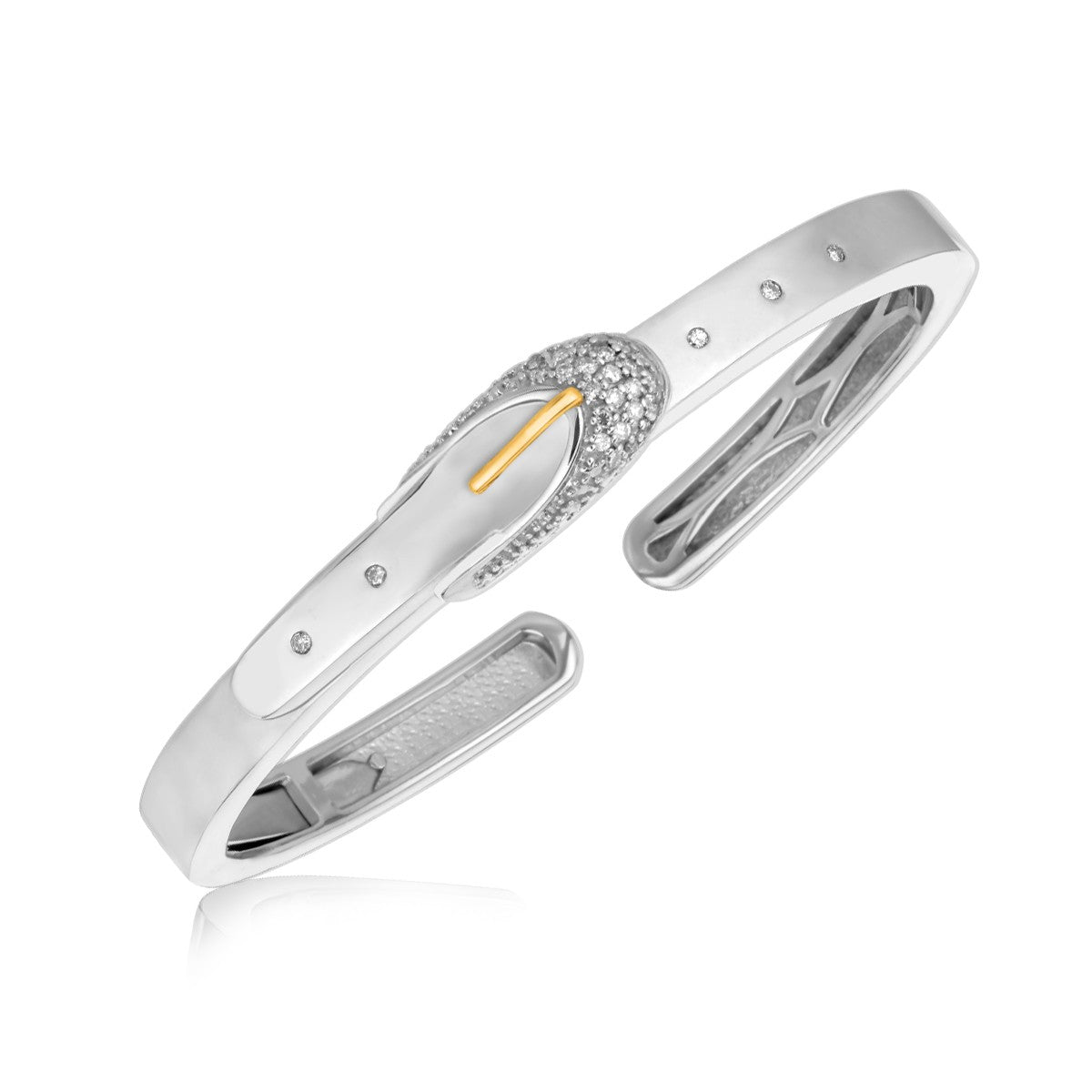 18K Yellow Gold and Sterling Silver Oval Diamond Studded Buckle Bangle - LinkagejewelrydesignLinkagejewelrydesign