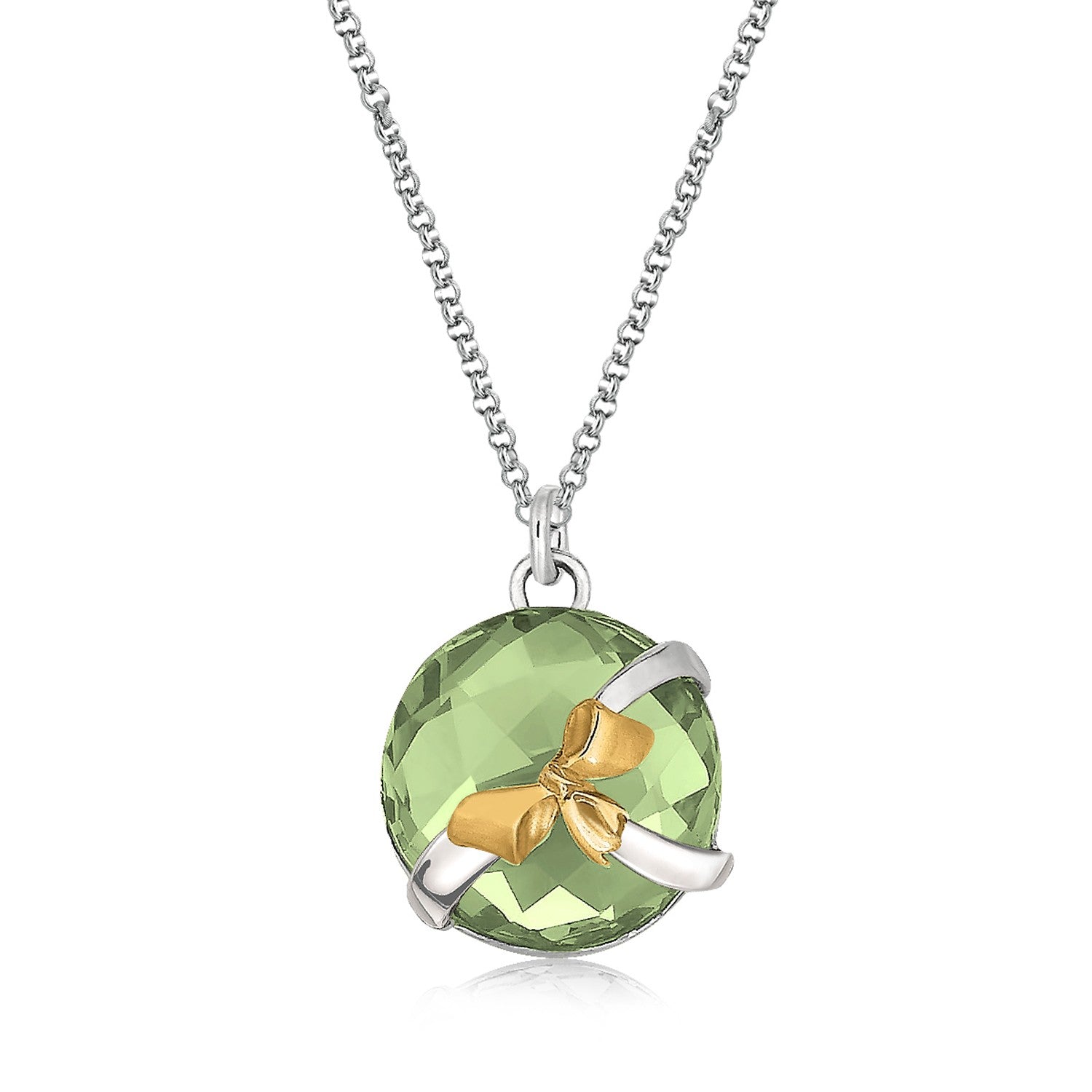 18K Yellow Gold and Sterling Silver Pendant with Bow and Green Amethyst Accents - LinkagejewelrydesignLinkagejewelrydesign