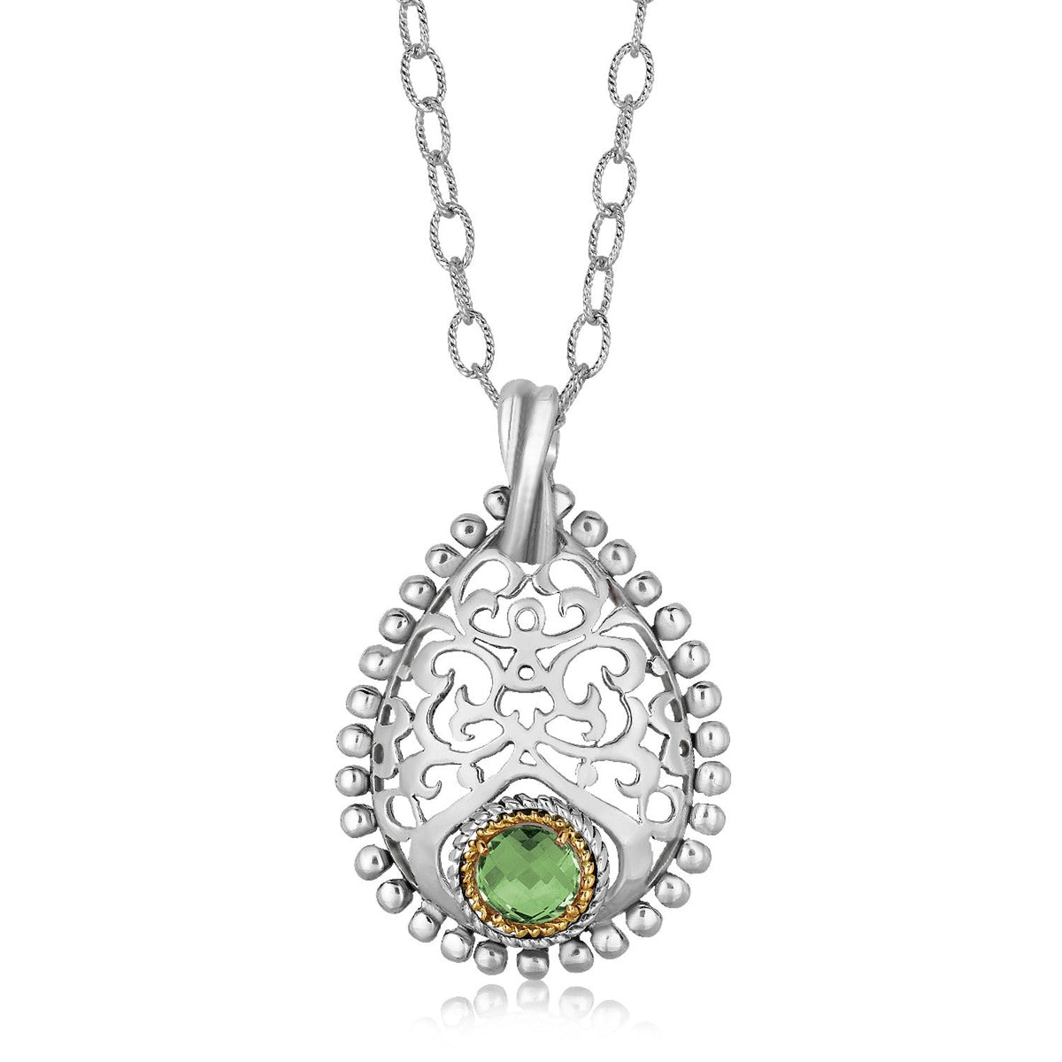 18K Yellow Gold and Sterling Silver Pendant with Round Green Amethyst - LinkagejewelrydesignLinkagejewelrydesign
