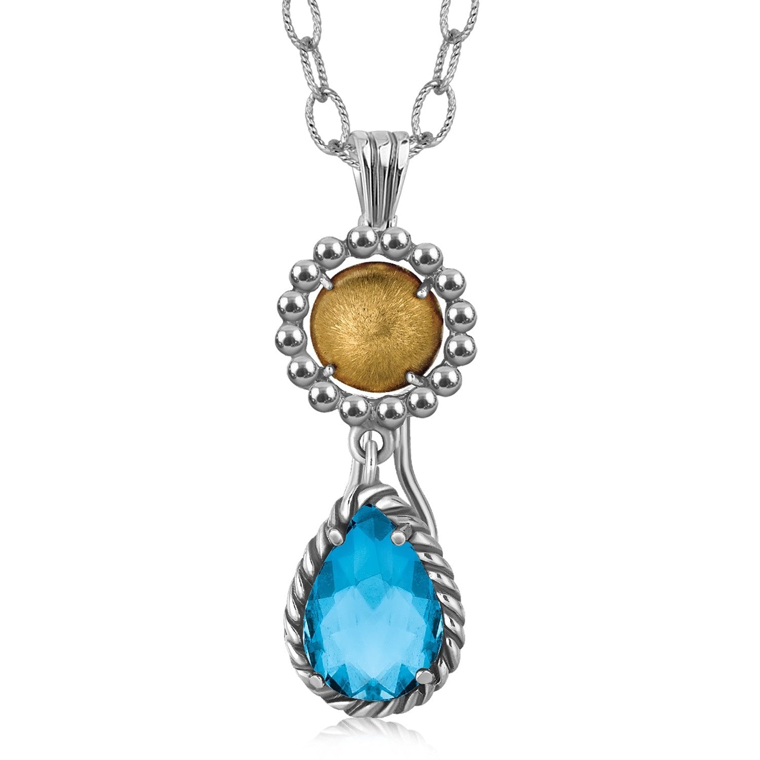 18K Yellow Gold and Sterling Silver Pendant with Teardrop Blue Topaz Accent - LinkagejewelrydesignLinkagejewelrydesign