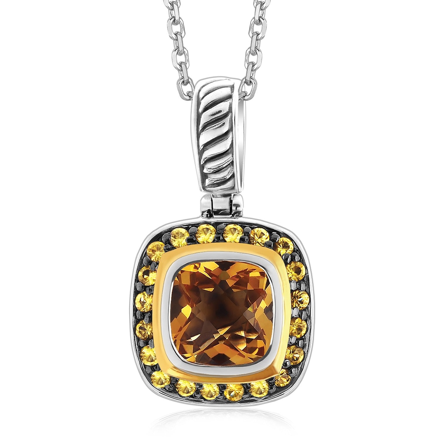 18K Yellow Gold and Sterling Silver Square Pendant with Citrine and Sapphires - LinkagejewelrydesignLinkagejewelrydesign