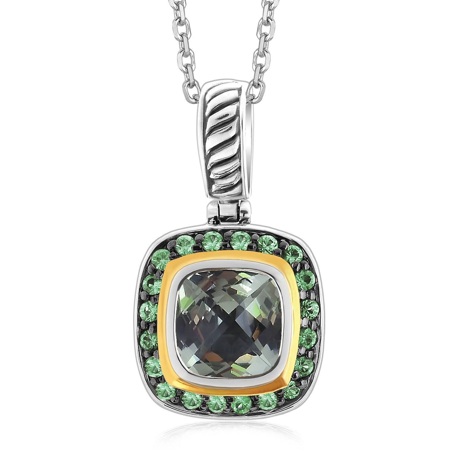 18K Yellow Gold and Sterling Silver Tsavorite and Green Amethyst Pendant - LinkagejewelrydesignLinkagejewelrydesign