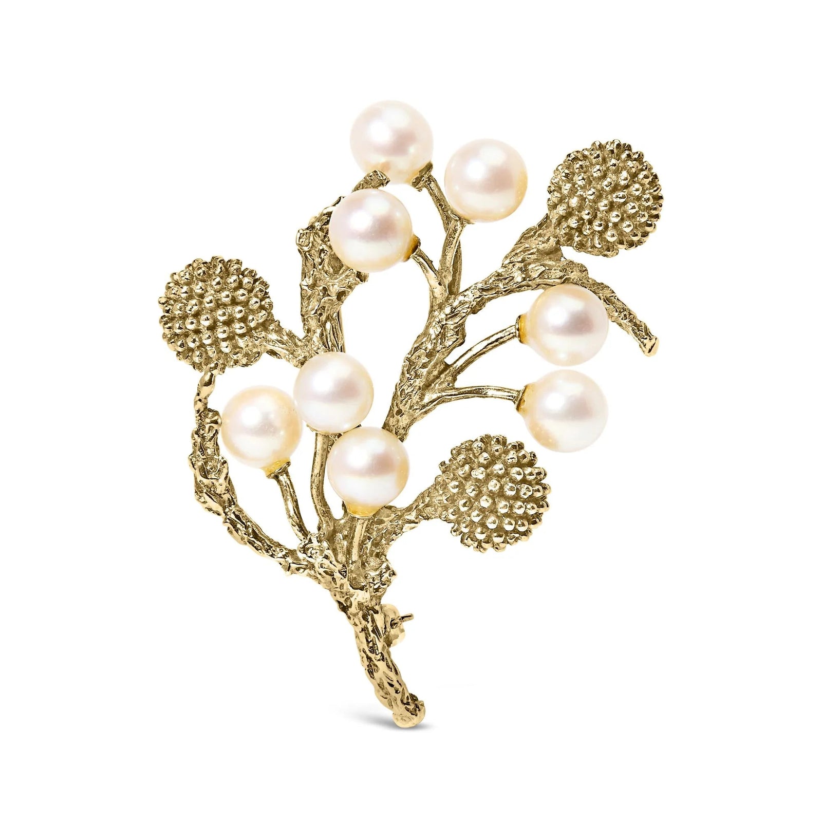 18K Yellow Gold Cultured Akoya Pearl Tree Branch Brooch Pin with Hammered Polish - LinkagejewelrydesignLinkagejewelrydesign