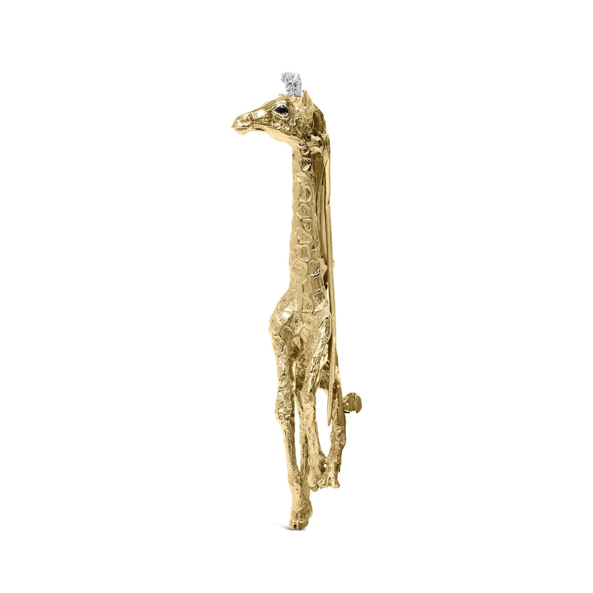 18K Yellow Gold Diamond Accent and Blue Sapphire Giraffe Pin Brooch (G - H Color, VS2 - SI1 Clarity) - LinkagejewelrydesignLinkagejewelrydesign