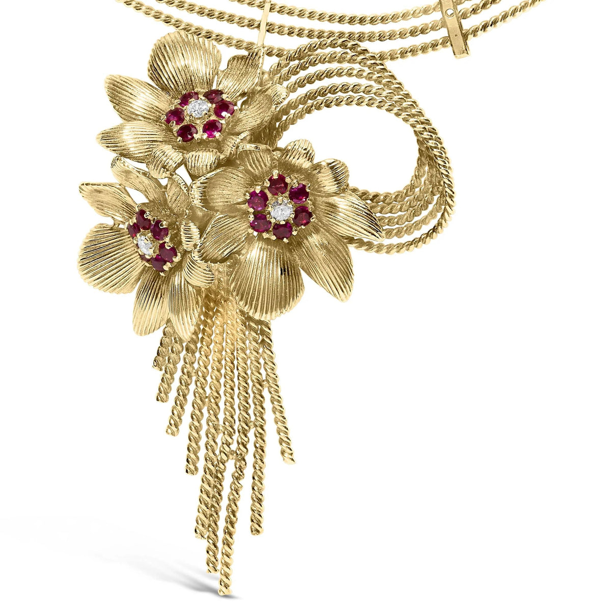 18K Yellow Gold Diamond and Red Ruby Floral Cascade Statement Necklace with 16" Inch Bead Chain (F - G Color, VS1 - VS2 Clarity) - LinkagejewelrydesignLinkagejewelrydesign