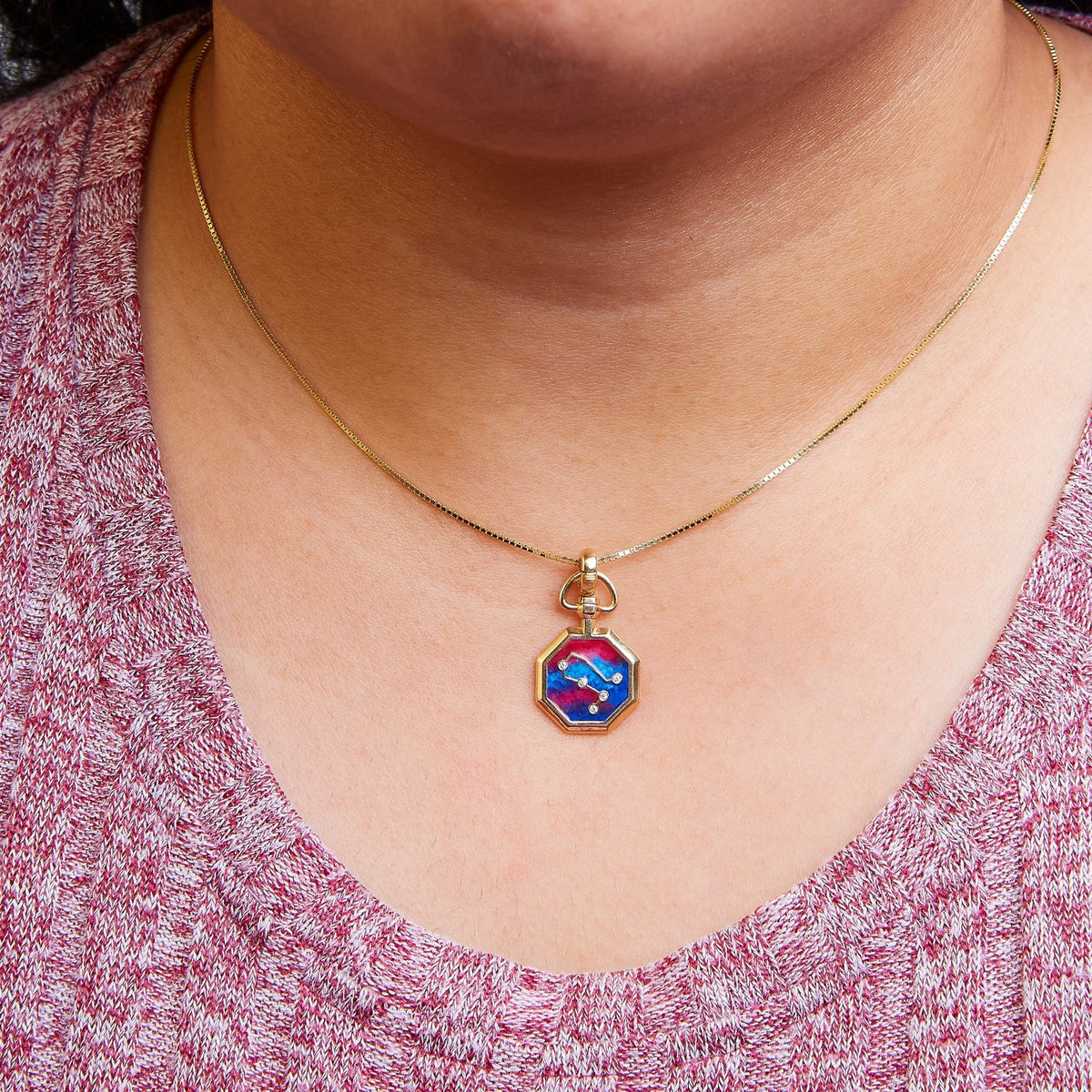 18K Yellow Gold Diamond Gemini Constellation with Red and Blue Enamel 18&quot; Inch Pendant Necklace (H - I Color, SI2 - I1 Clarity) - LinkagejewelrydesignLinkagejewelrydesign