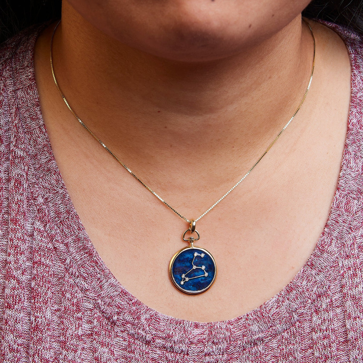 18K Yellow Gold Diamond Leo Constellation with Blue Enamel 18&quot; Inch Pendant Necklace (H - I Color, SI2 - I1 Clarity) - LinkagejewelrydesignLinkagejewelrydesign