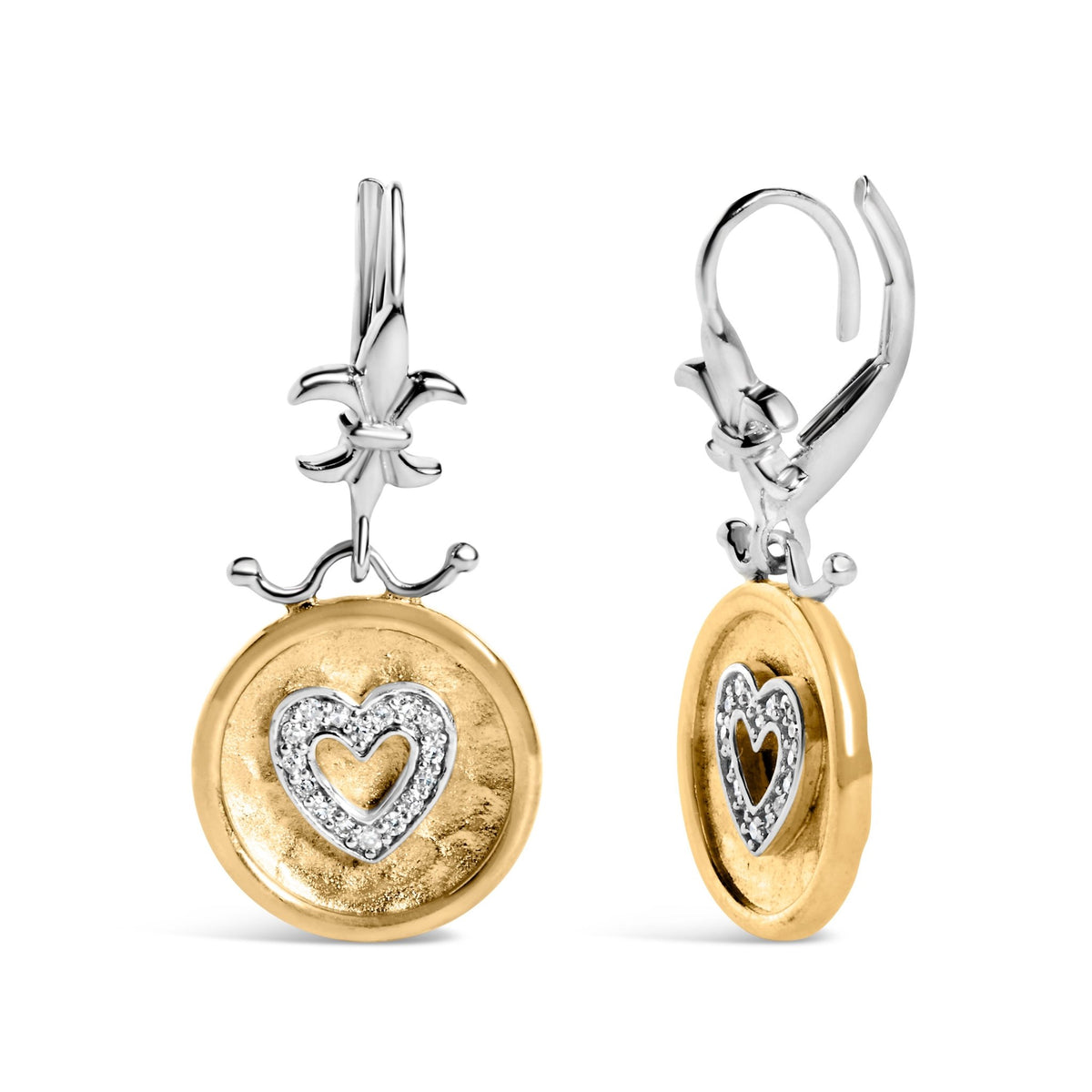 18K Yellow Gold Plated .925 Sterling Silver 1/8 Cttw Diamond Hammered Finished Medallion Heart Drop and Dangle Earrings (I - J Color, SI1 - SI2 Clarity) - LinkagejewelrydesignLinkagejewelrydesign