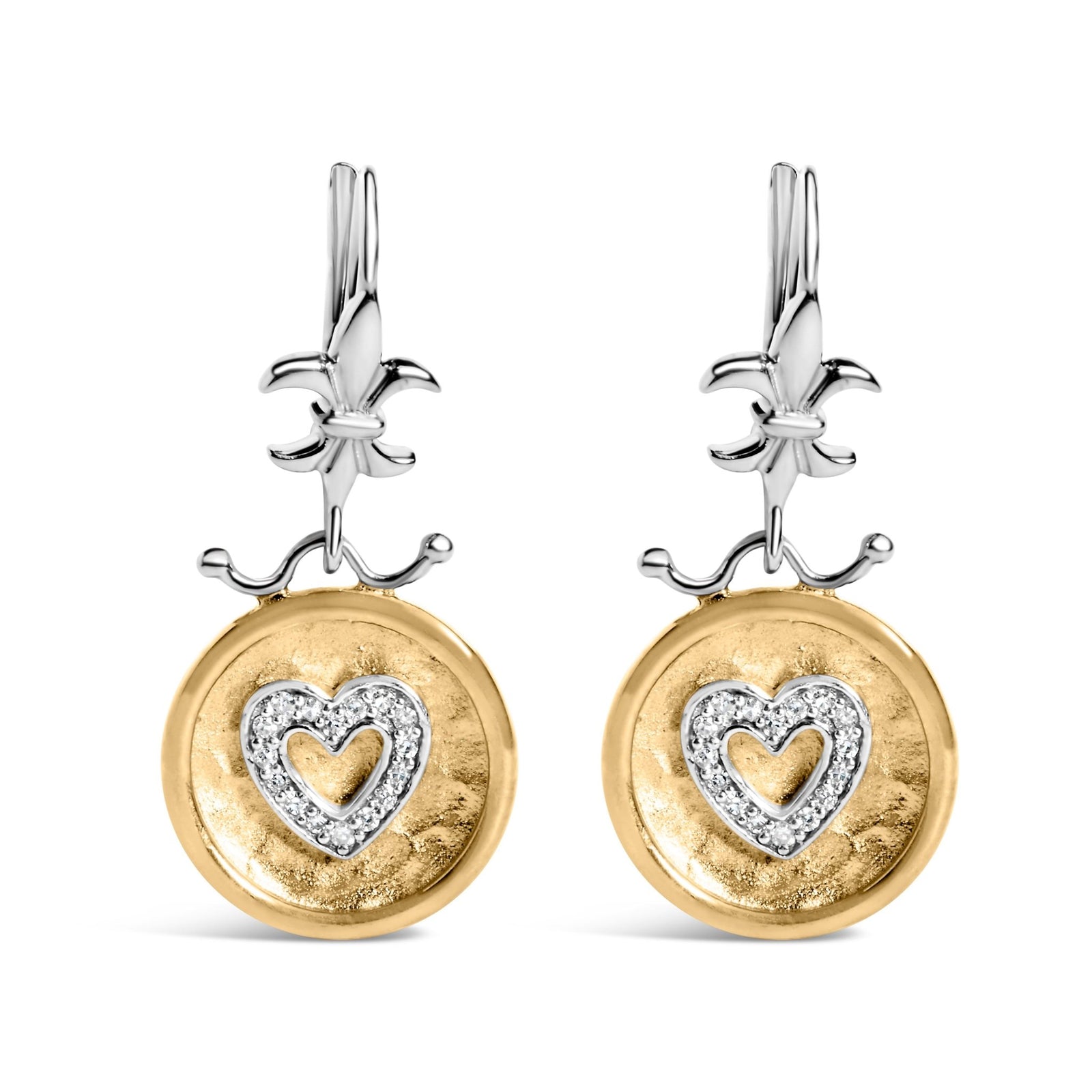 18K Yellow Gold Plated .925 Sterling Silver 1/8 Cttw Diamond Hammered Finished Medallion Heart Drop and Dangle Earrings (I - J Color, SI1 - SI2 Clarity) - LinkagejewelrydesignLinkagejewelrydesign