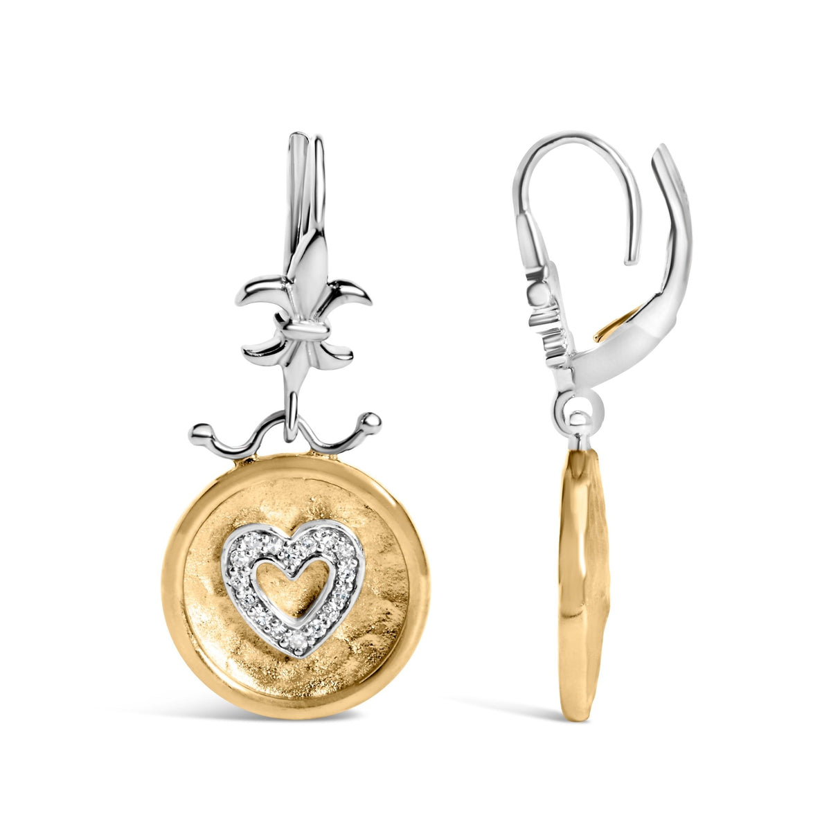 18K Yellow Gold Plated .925 Sterling Silver 1/8 Cttw Diamond Hammered Finished Medallion Heart Drop and Dangle Earrings (I - J Color, SI1 - SI2 Clarity) - LinkagejewelrydesignLinkagejewelrydesign