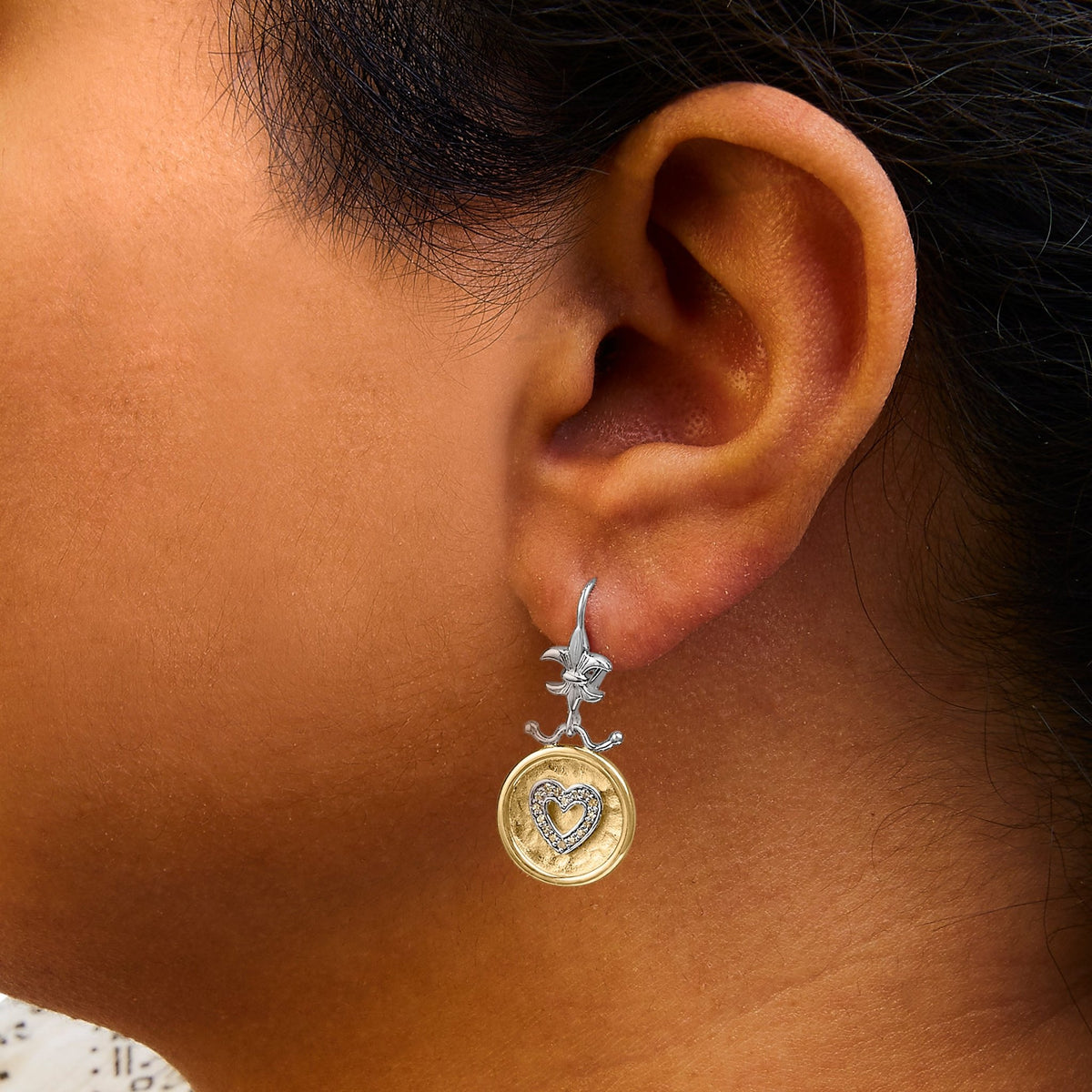 18K Yellow Gold Plated .925 Sterling Silver 1/8 Cttw Diamond Hammered Finished Medallion Heart Drop and Dangle Earrings (I - J Color, SI1 - SI2 Clarity) - LinkagejewelrydesignLinkagejewelrydesign