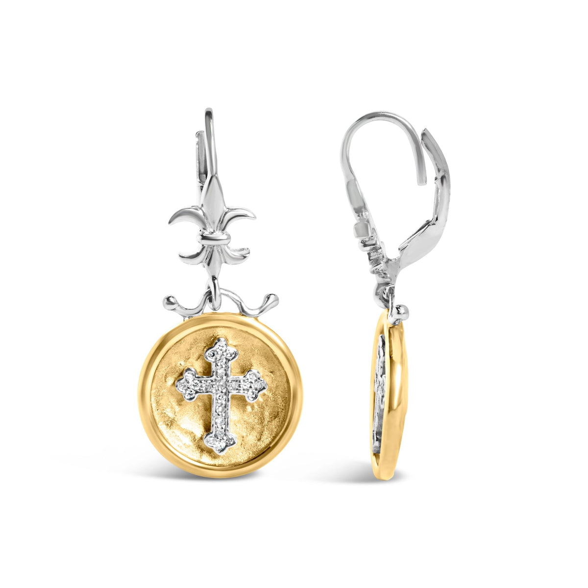 18K Yellow Gold Plated .925 Sterling Silver 1/8 Cttw Diamond Hammered Finished Medallion with Cross Drop and Dangle Earrings (I - J Color, SI1 - SI2 Clarity) - LinkagejewelrydesignLinkagejewelrydesign