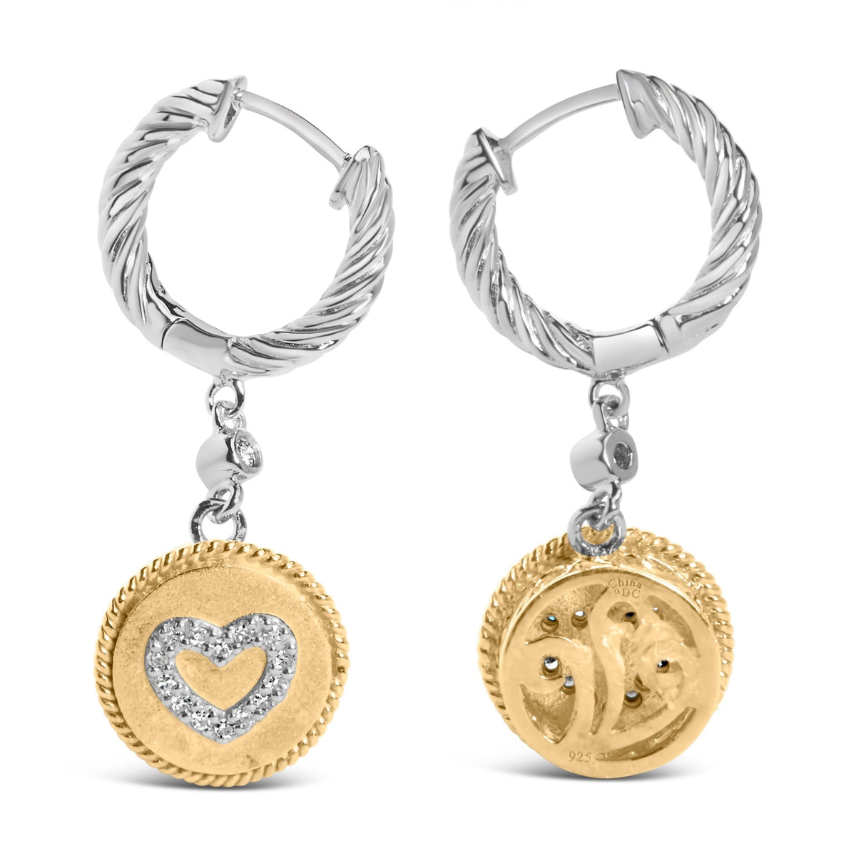 18K Yellow Gold Plated .925 Sterling Silver 1/8 Cttw Diamond Heart Medallion Drop and Dangle Earring (I - J Color, SI1 - SI2 Clarity) - LinkagejewelrydesignLinkagejewelrydesign