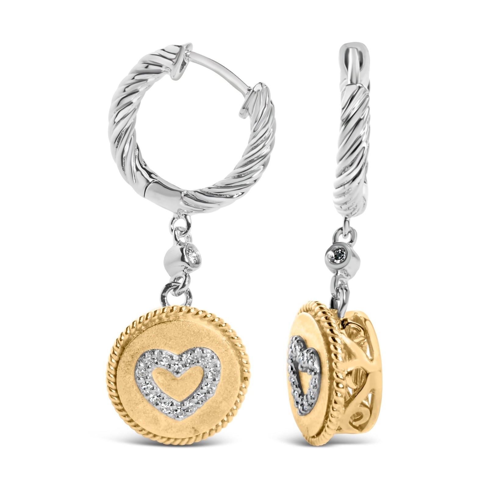 18K Yellow Gold Plated .925 Sterling Silver 1/8 Cttw Diamond Heart Medallion Drop and Dangle Earring (I - J Color, SI1 - SI2 Clarity) - LinkagejewelrydesignLinkagejewelrydesign