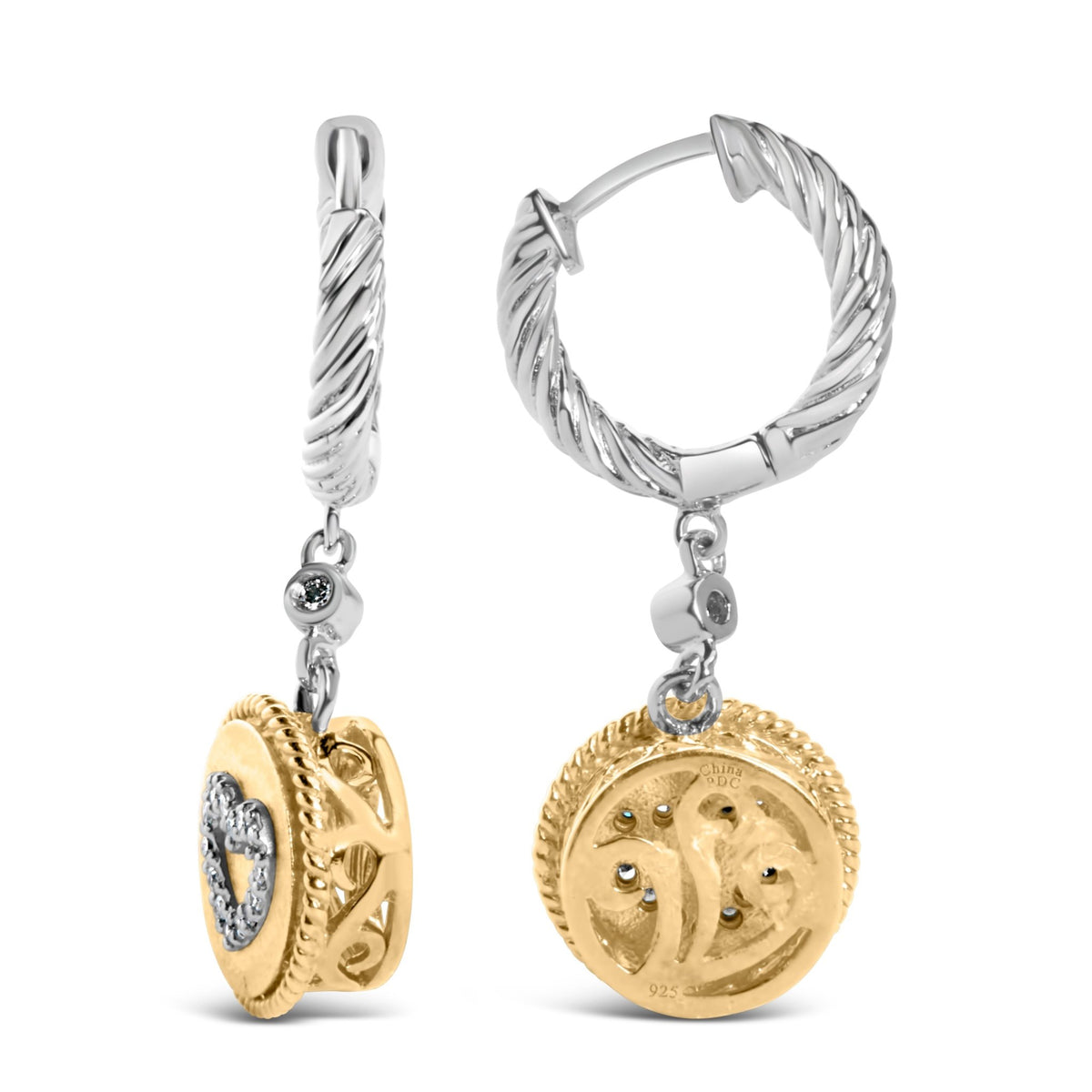 18K Yellow Gold Plated .925 Sterling Silver 1/8 Cttw Diamond Heart Medallion Drop and Dangle Earring (I - J Color, SI1 - SI2 Clarity) - LinkagejewelrydesignLinkagejewelrydesign