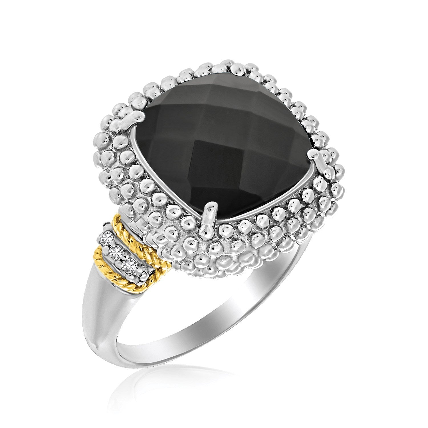 18k Yellow Gold & Sterling Silver Black Onyx and Diamond Popcorn Cushion Ring - LinkagejewelrydesignLinkagejewelrydesign