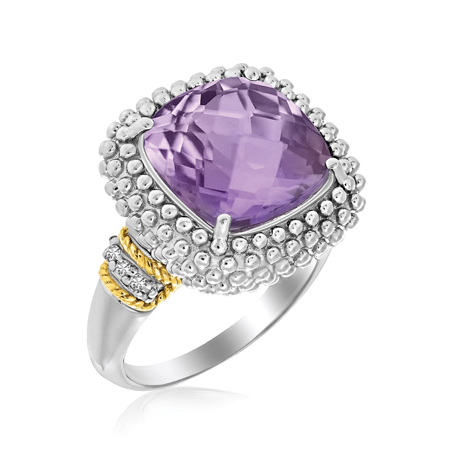 18k Yellow Gold & Sterling Silver Popcorn Ring with Amethyst and Diamond Accents - LinkagejewelrydesignLinkagejewelrydesign